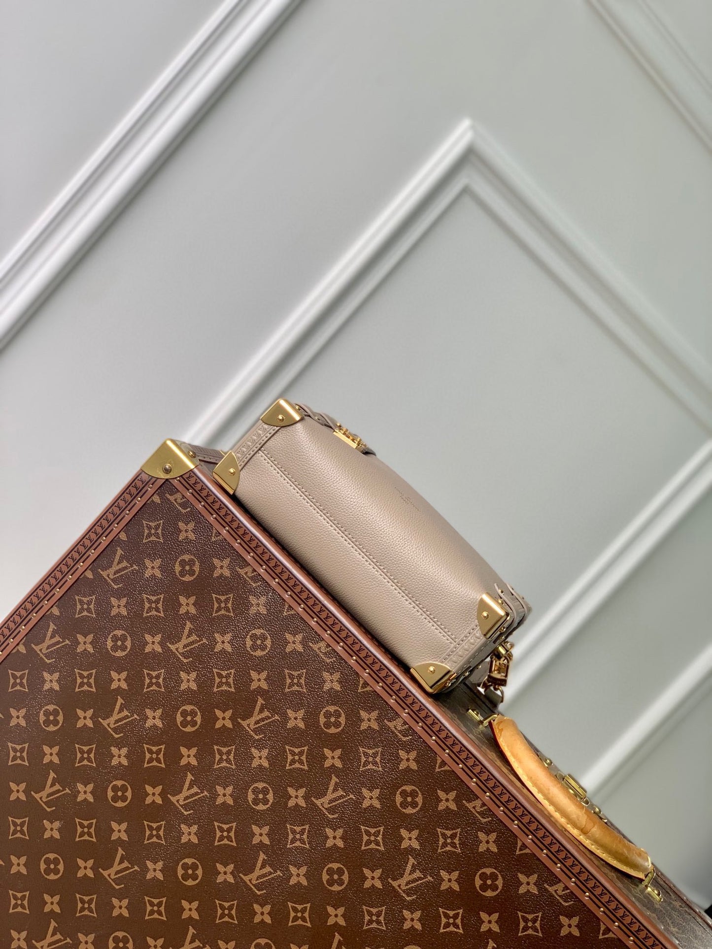 Louis Vuitton Structured Light Pink Leather Trunk Crossbody Bag with Gold Accents