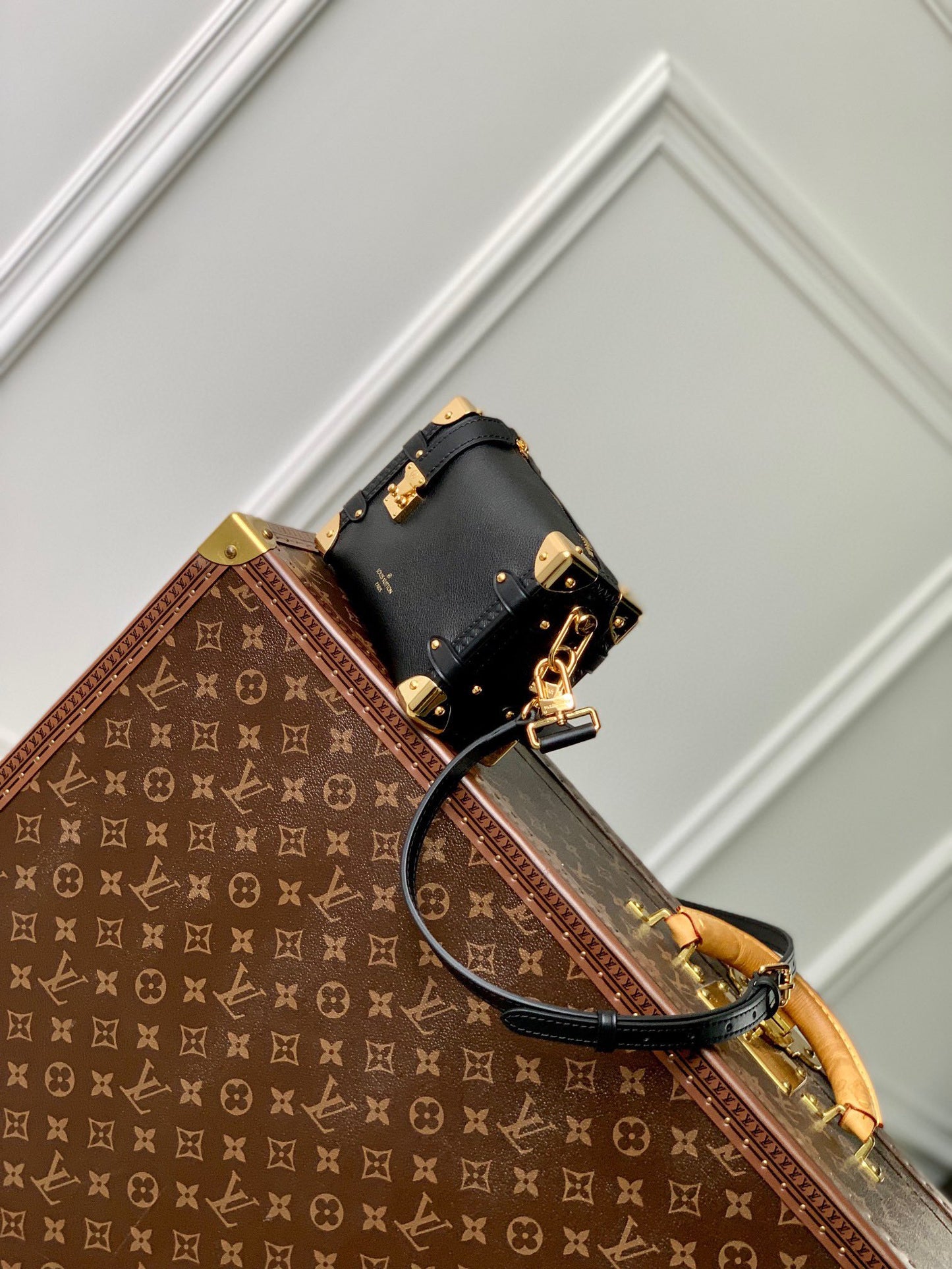 Louis Vuitton Black Leather Mini Trunk Shoulder Bag with Gold Hardware