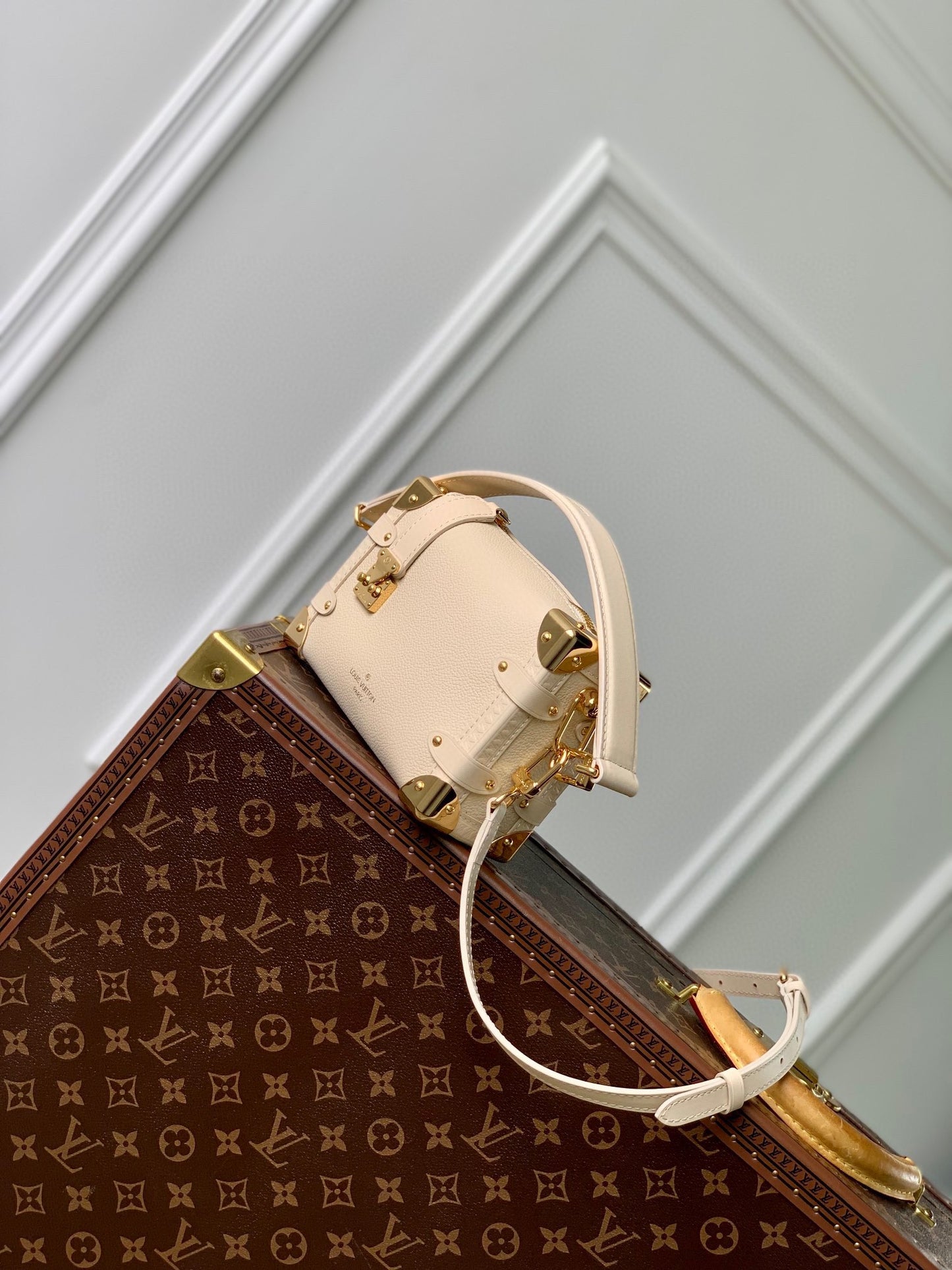 Louis Vuitton Cream Leather Mini Trunk Crossbody Bag with Gold Hardware