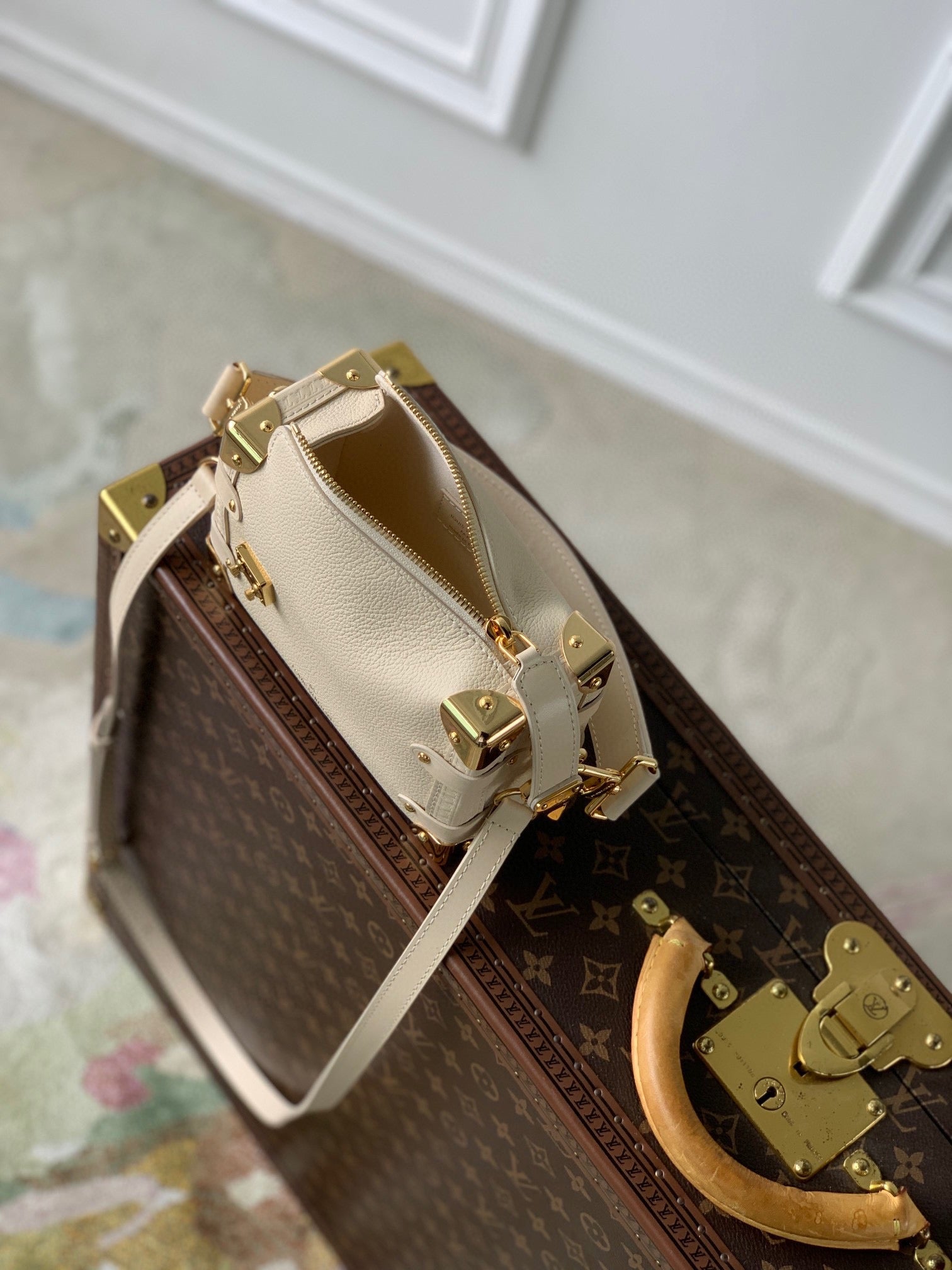 Louis Vuitton Cream Leather Mini Trunk Crossbody Bag with Gold Hardware