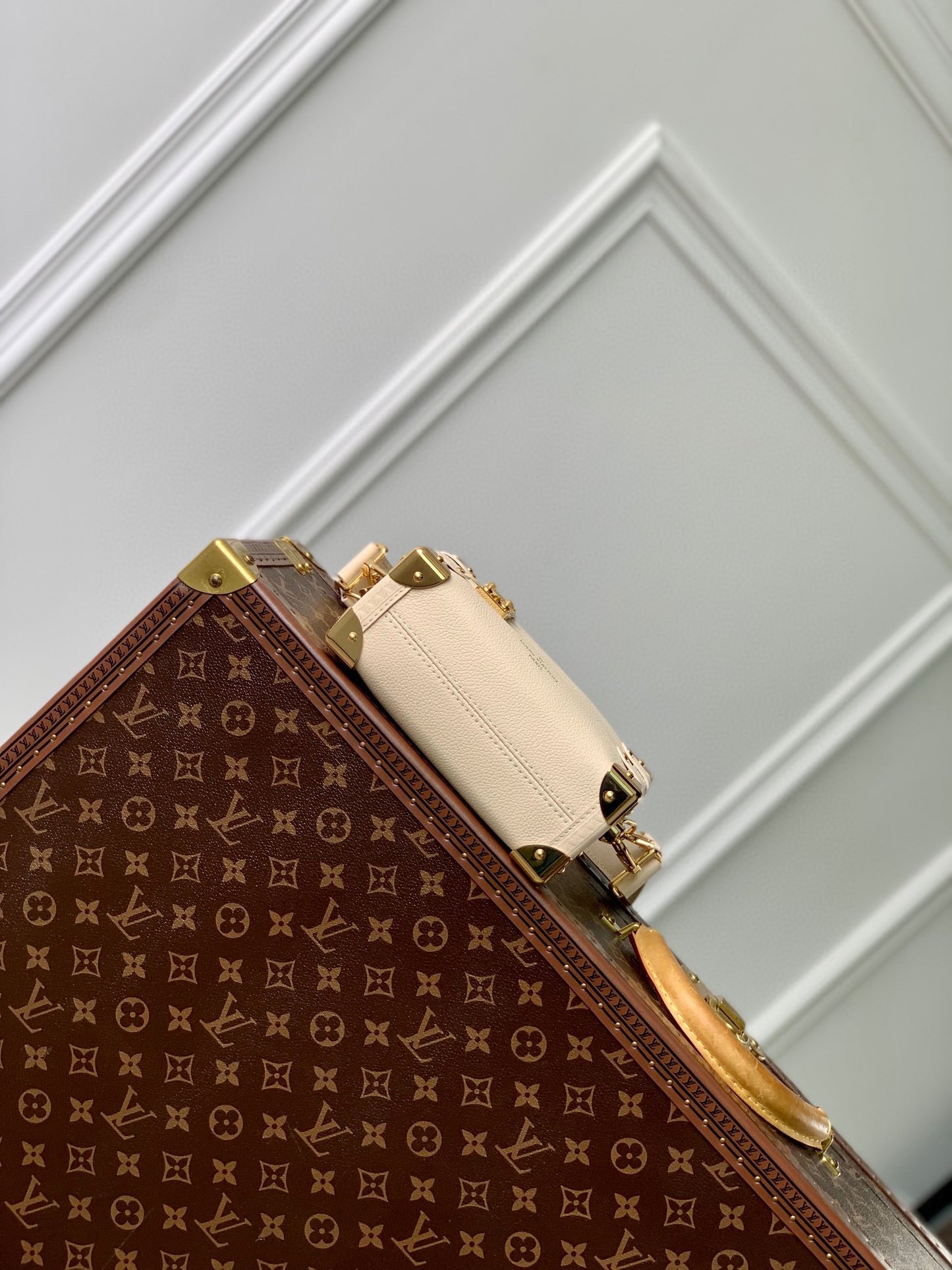 Louis Vuitton Cream Leather Mini Trunk Crossbody Bag with Gold Hardware