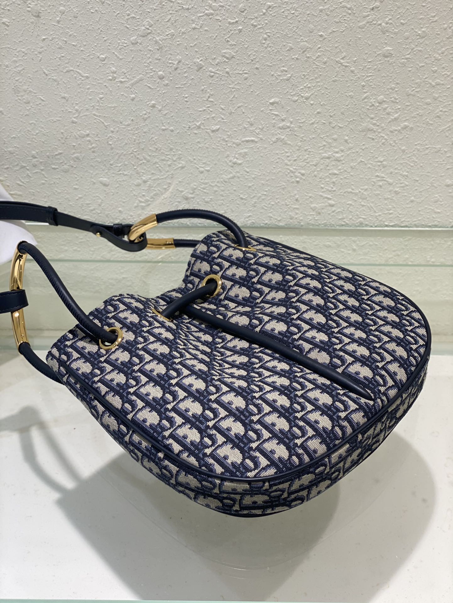 Dior Navy Blue Monogram Jacquard Bucket Bag with Top Handles