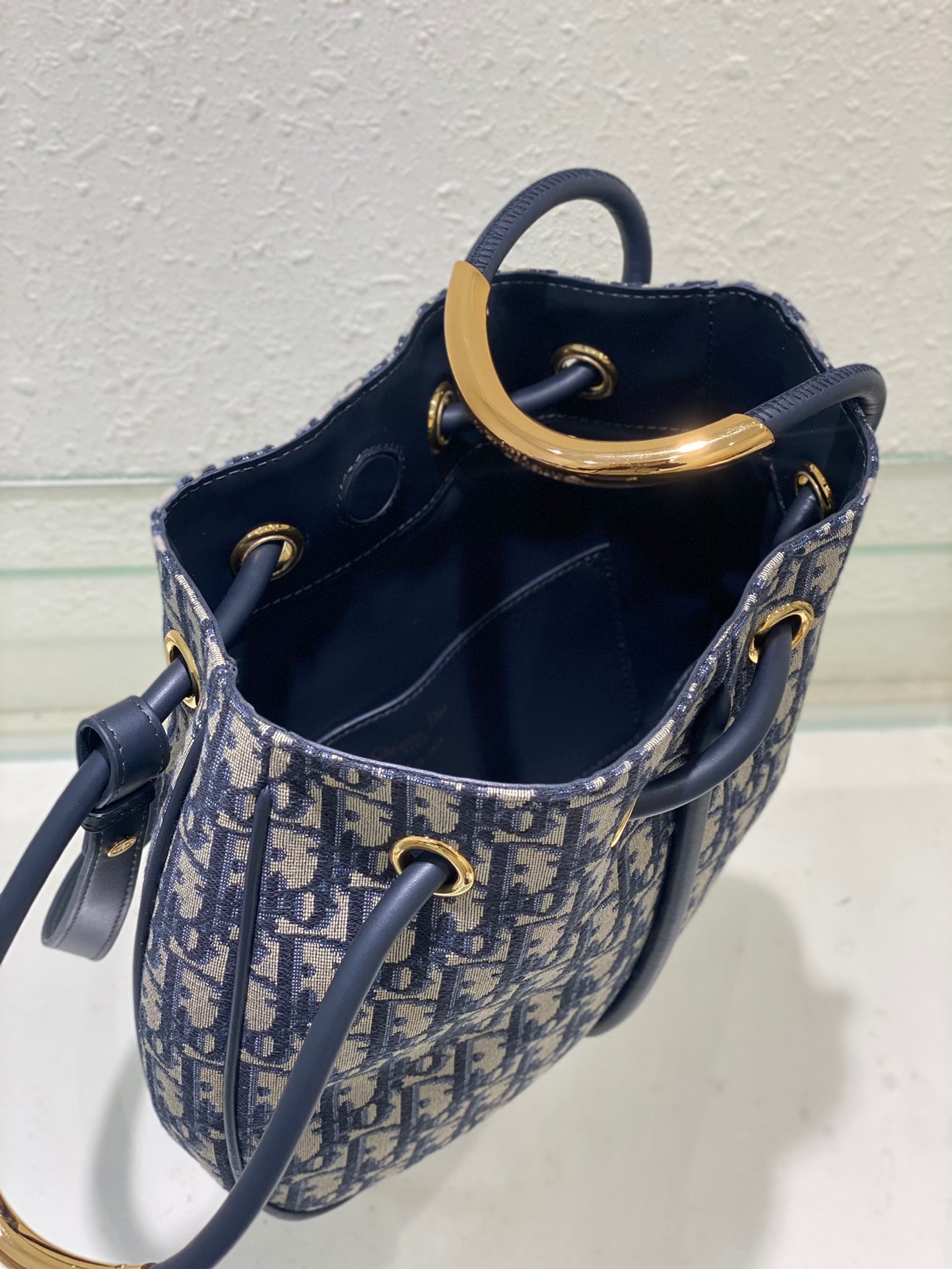 Dior Navy Blue Monogram Jacquard Bucket Bag with Top Handles