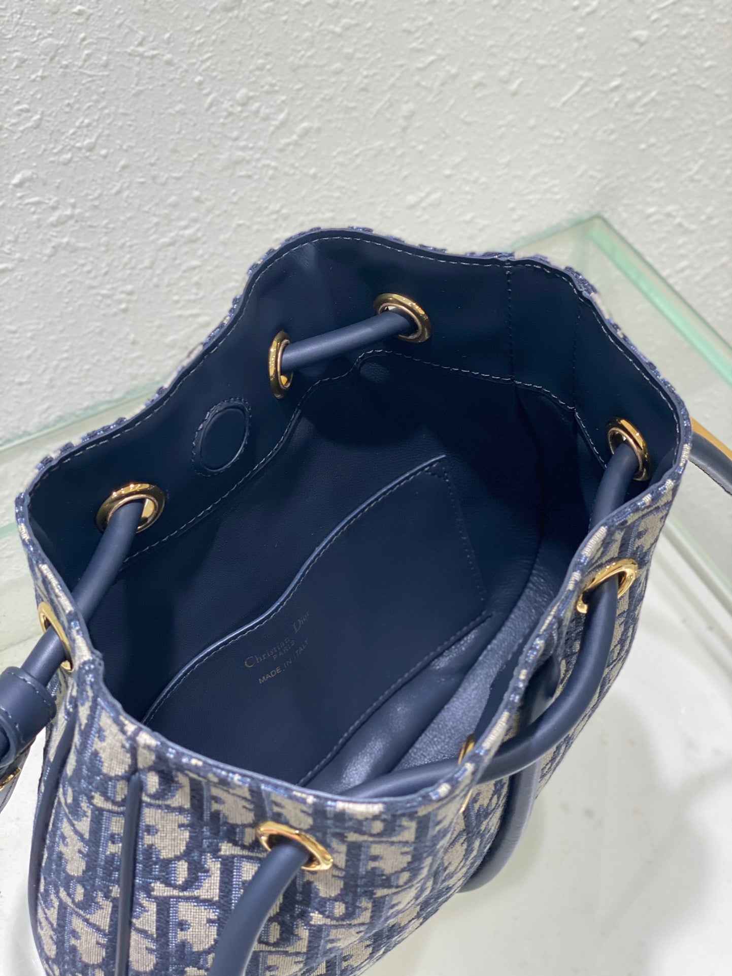 Dior Navy Blue Monogram Jacquard Bucket Bag with Top Handles