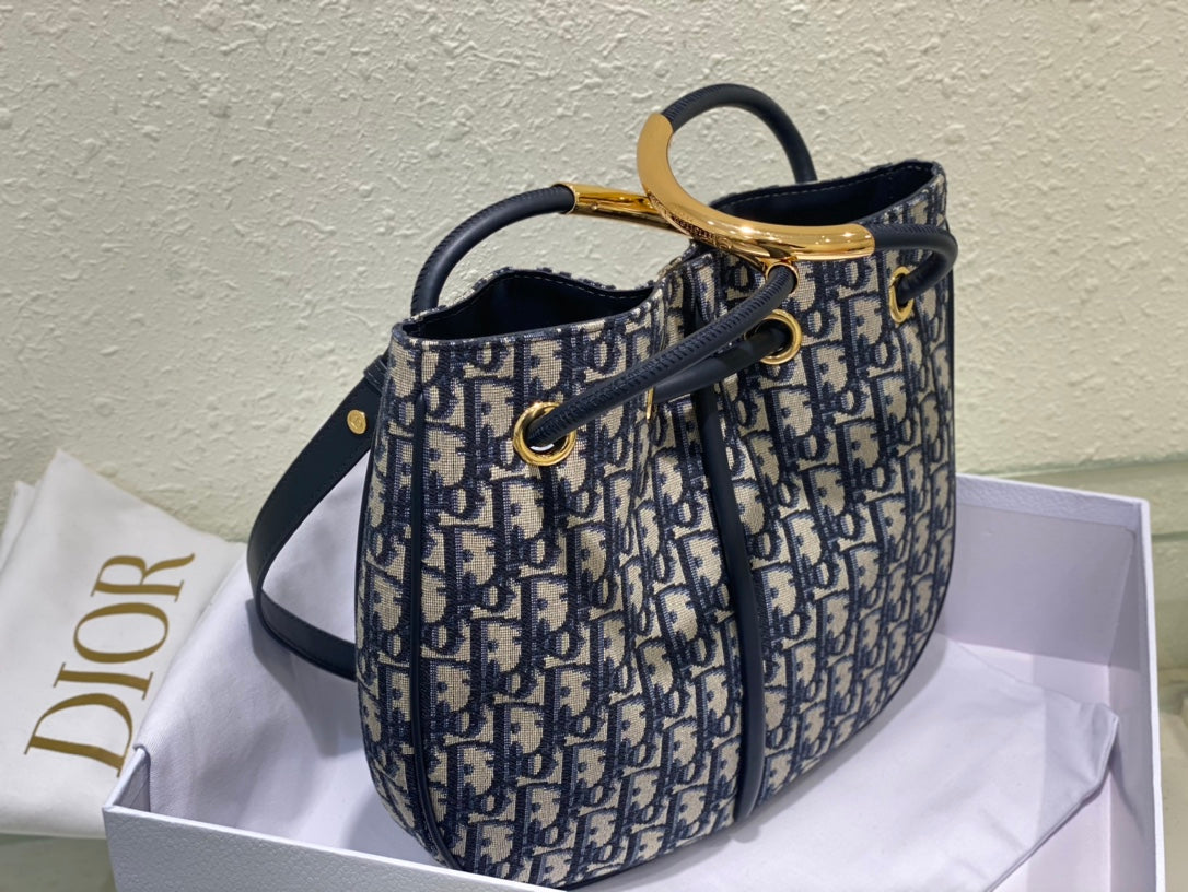 Dior Navy Blue Monogram Jacquard Bucket Bag with Top Handles