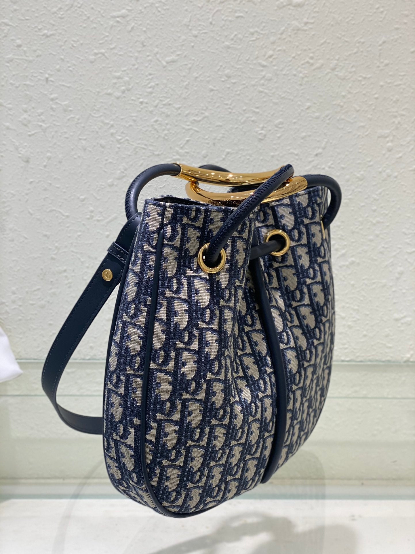 Dior Navy Blue Monogram Jacquard Bucket Bag with Top Handles