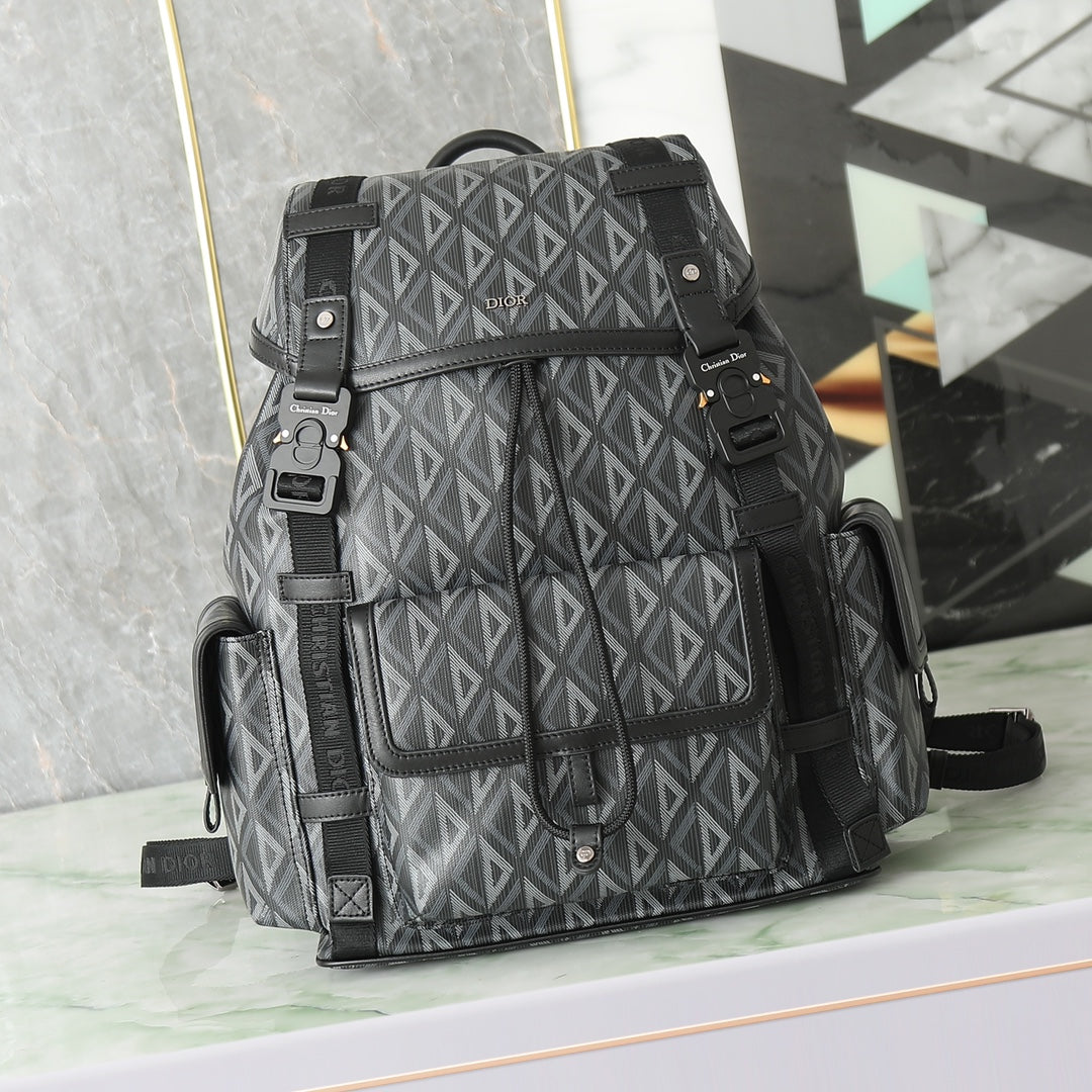 Dior Grey Geometric Diamond Pattern Multi-Pocket Travel Backpack