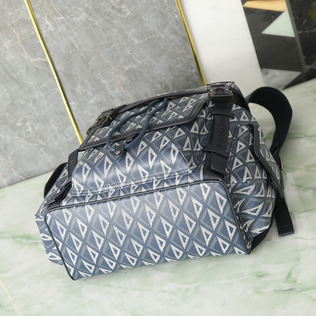 Dior Blue Geometric Pattern Canvas Travel Backpack with Buckle Straps