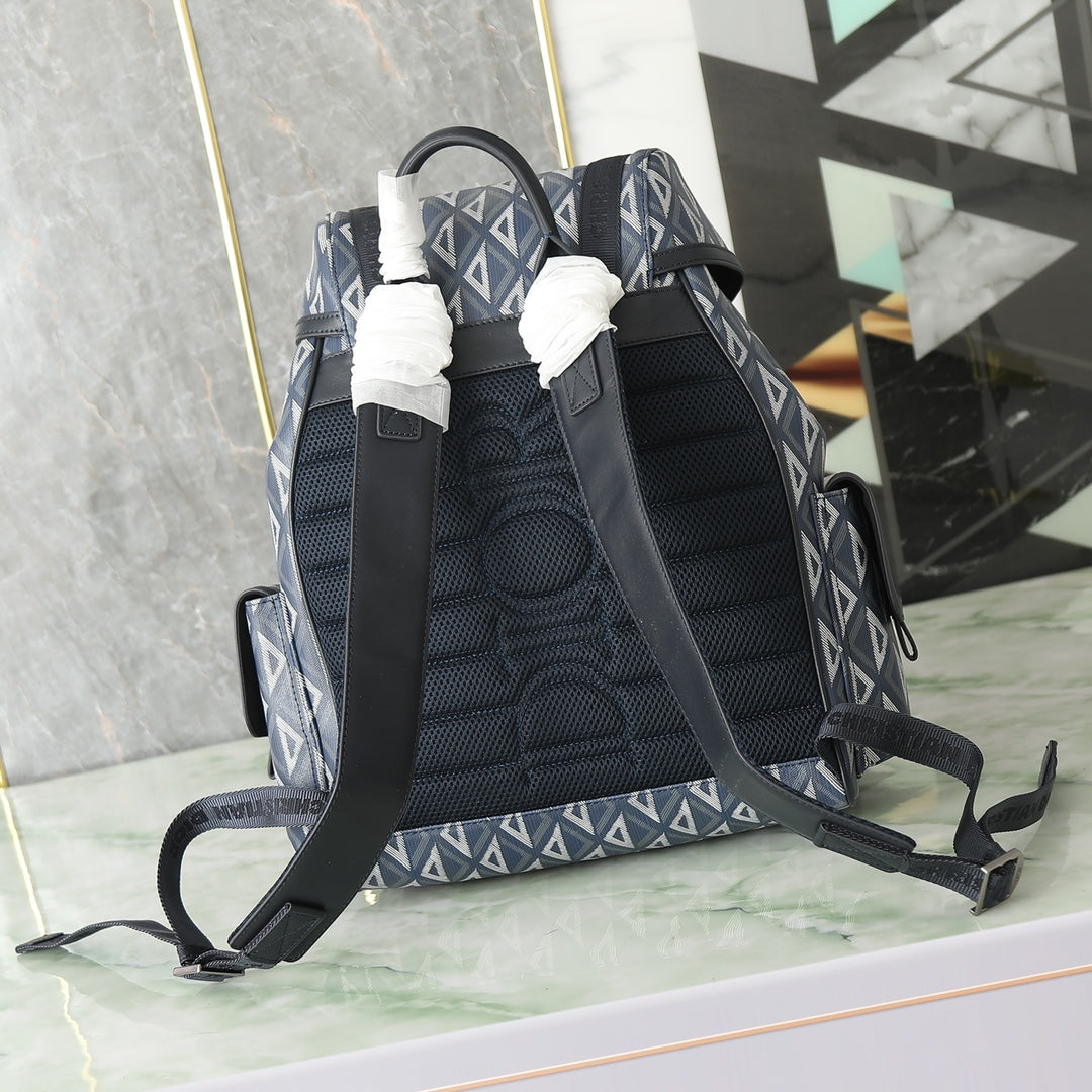 Dior Blue Geometric Pattern Canvas Travel Backpack with Buckle Straps