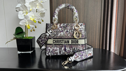 Dior Elegant Embroidered Floral Tapestry Handbag with Shoulder Strap