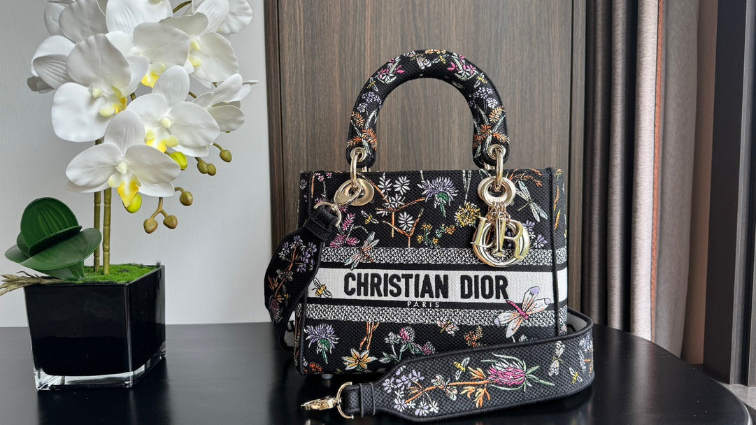 Dior Elegant Black Floral Canvas Top Handle Bag with Shoulder Strap
