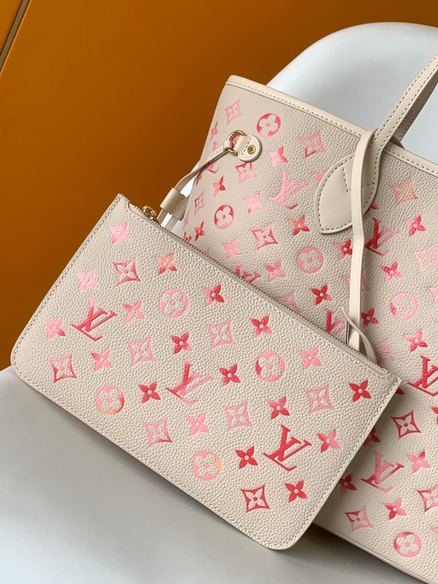 Louis Vuitton Cream Leather Tote Bag with Pink Gradient Monogram Pattern