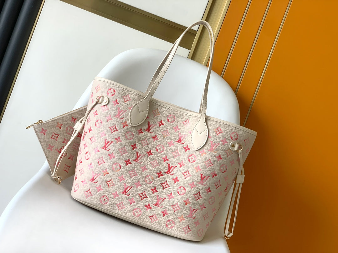 Louis Vuitton Cream Leather Tote Bag with Pink Gradient Monogram Pattern
