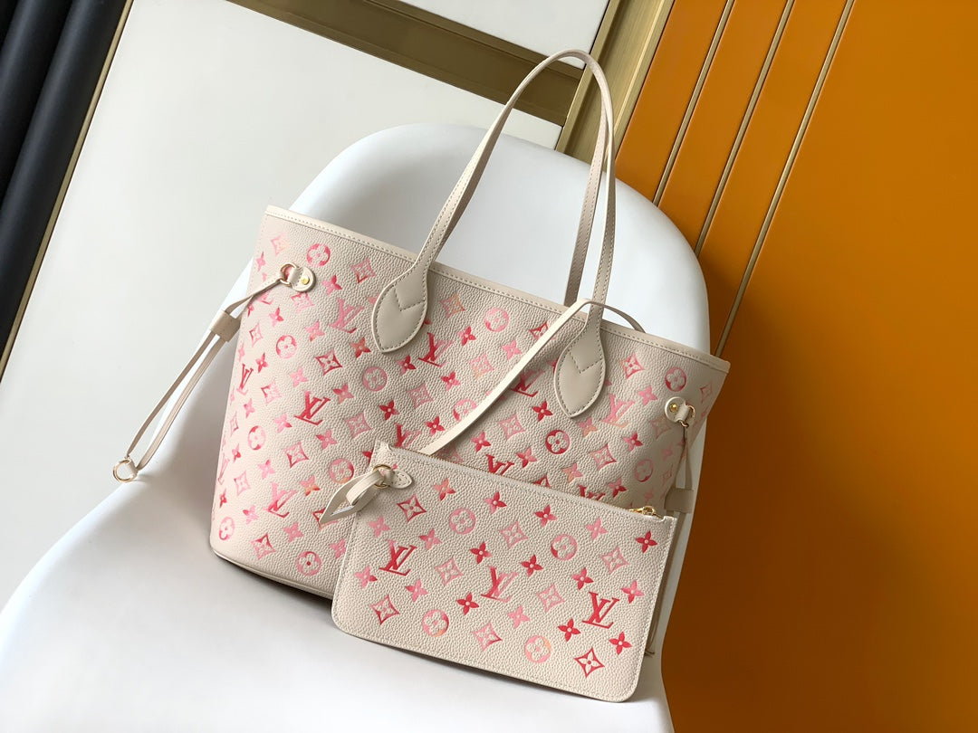 Louis Vuitton Cream Leather Tote Bag with Pink Gradient Monogram Pattern