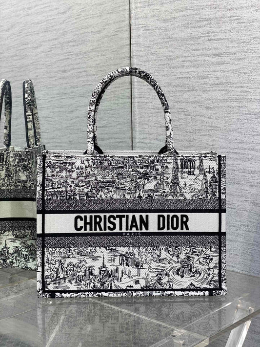 Dior Luxury Black and White Paris Landmark Canvas Tote Bag