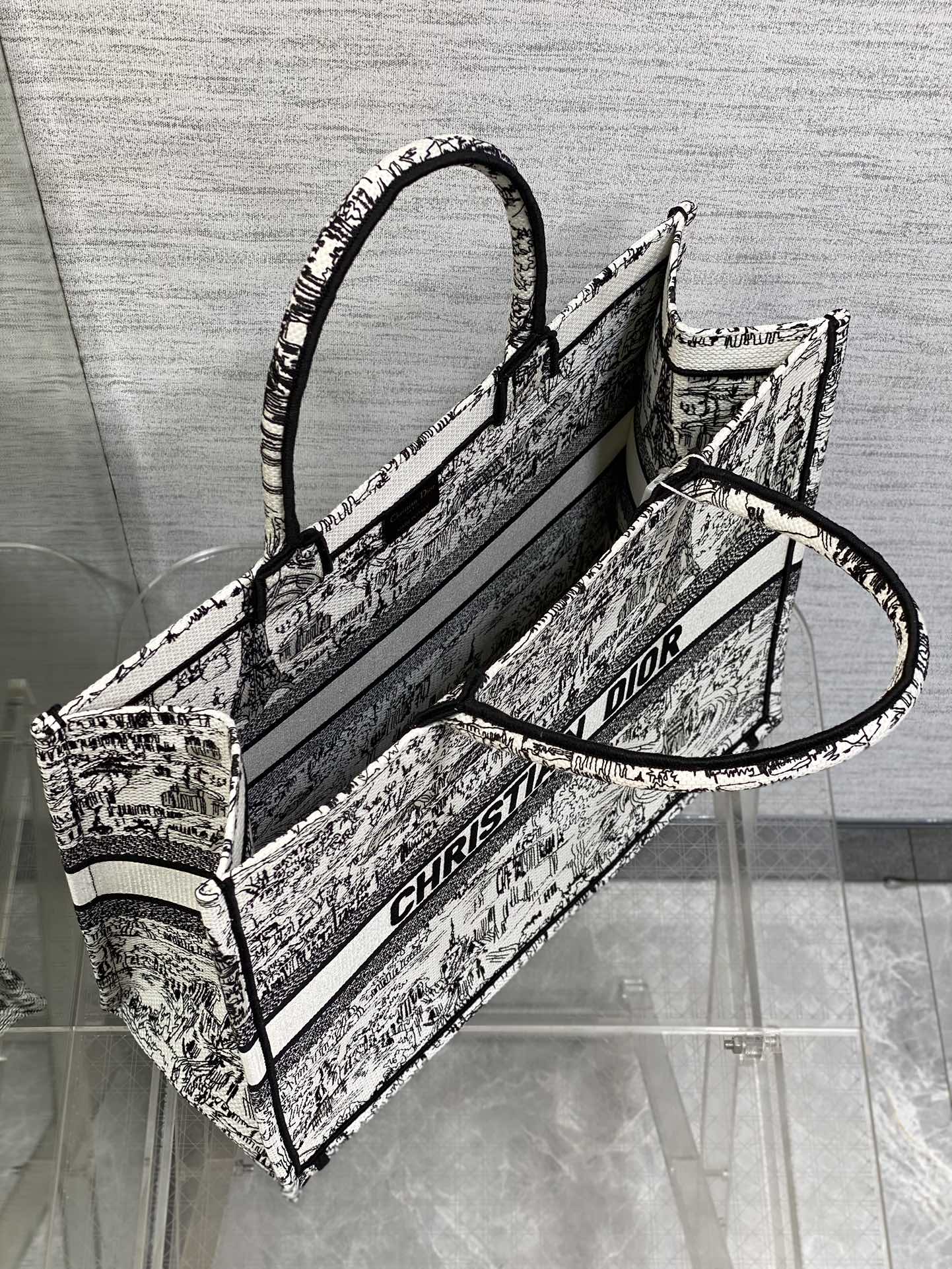 Dior Chic Monochrome Paris Landmark Print Canvas Tote Handbag