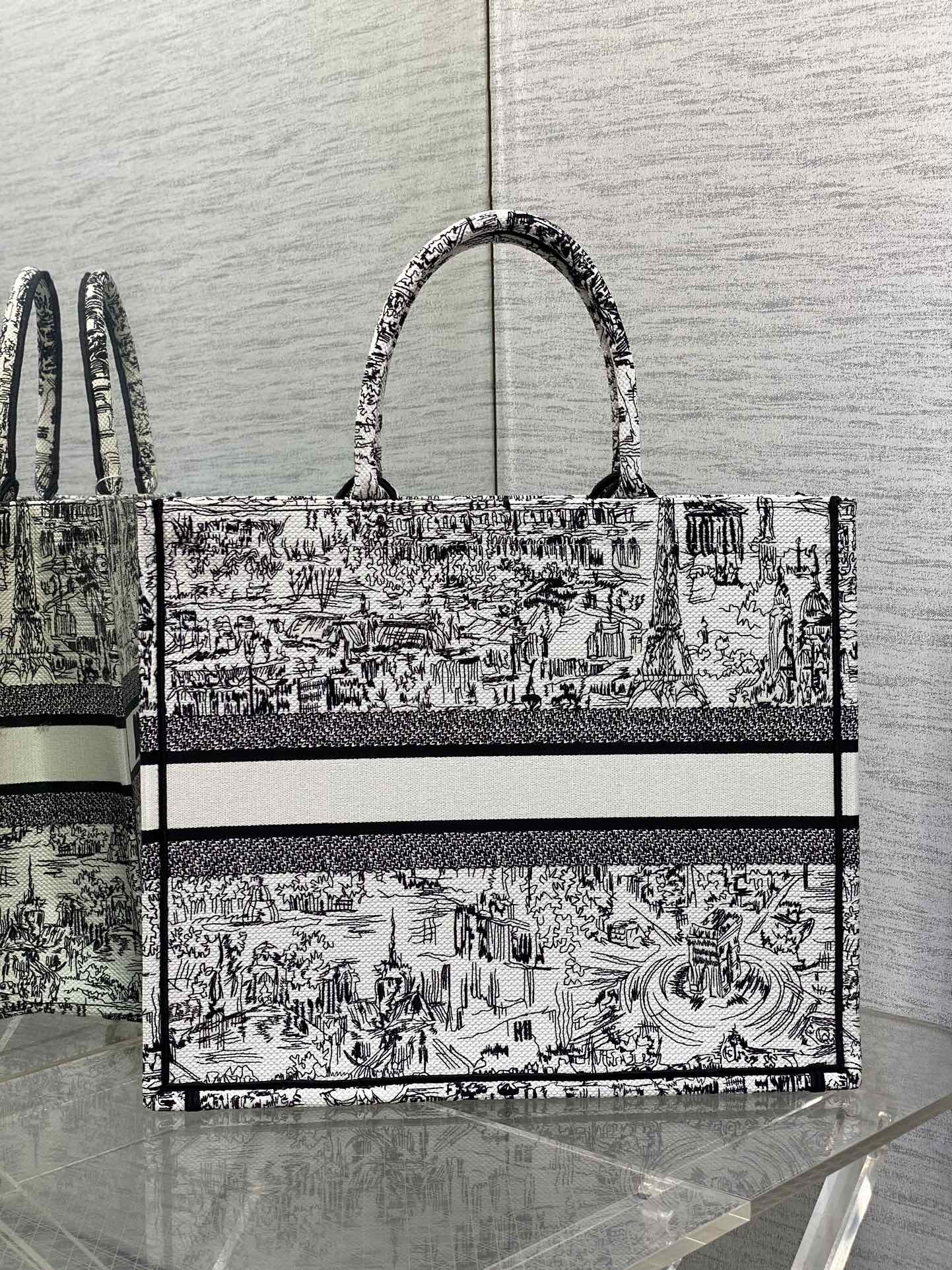 Dior Elegant Black and White City Sketch Canvas Tote Bag with Top Handles
