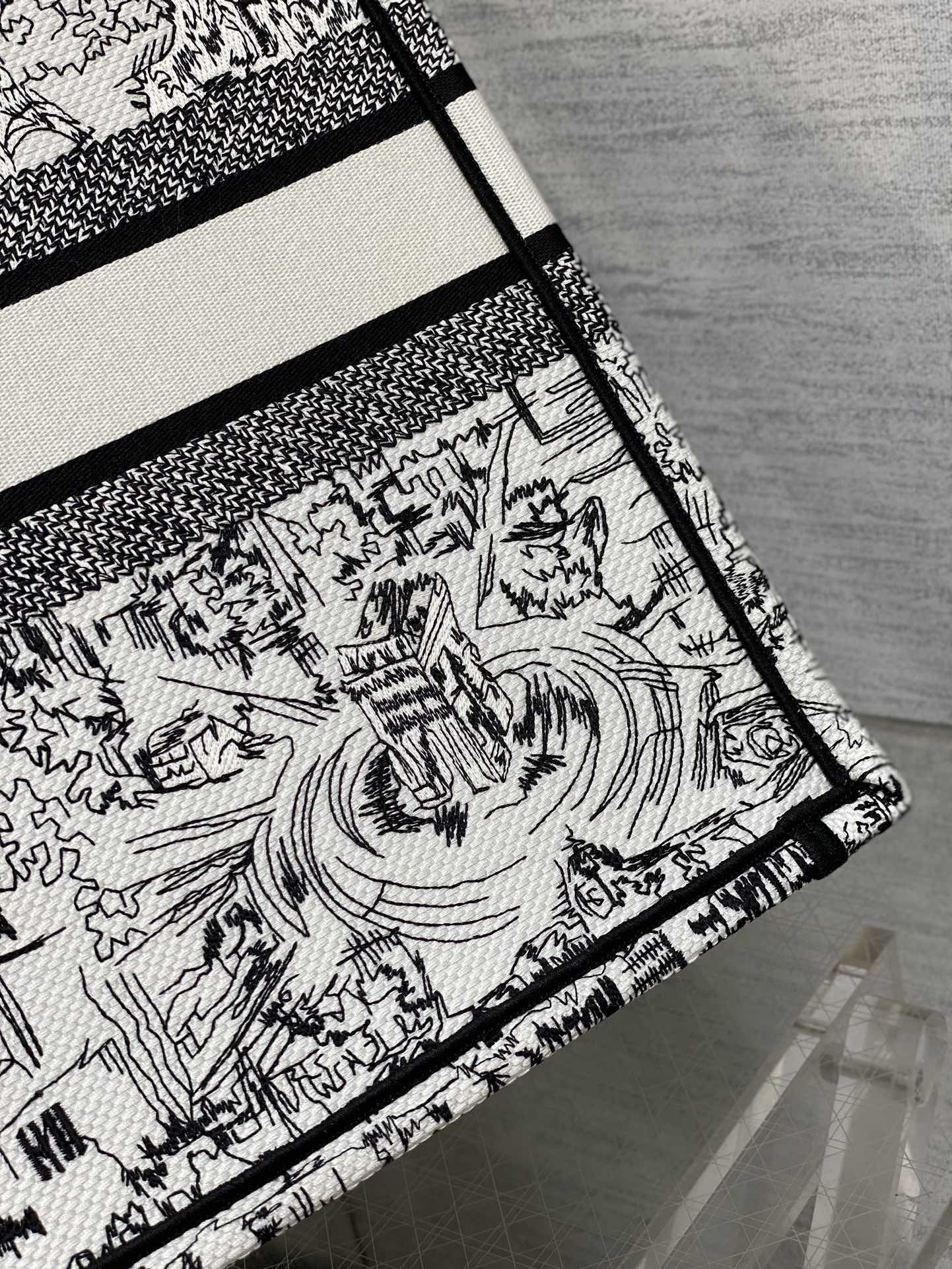 Christian Dior Large Book Tote - Black and White Toile de Jouy Embroidery