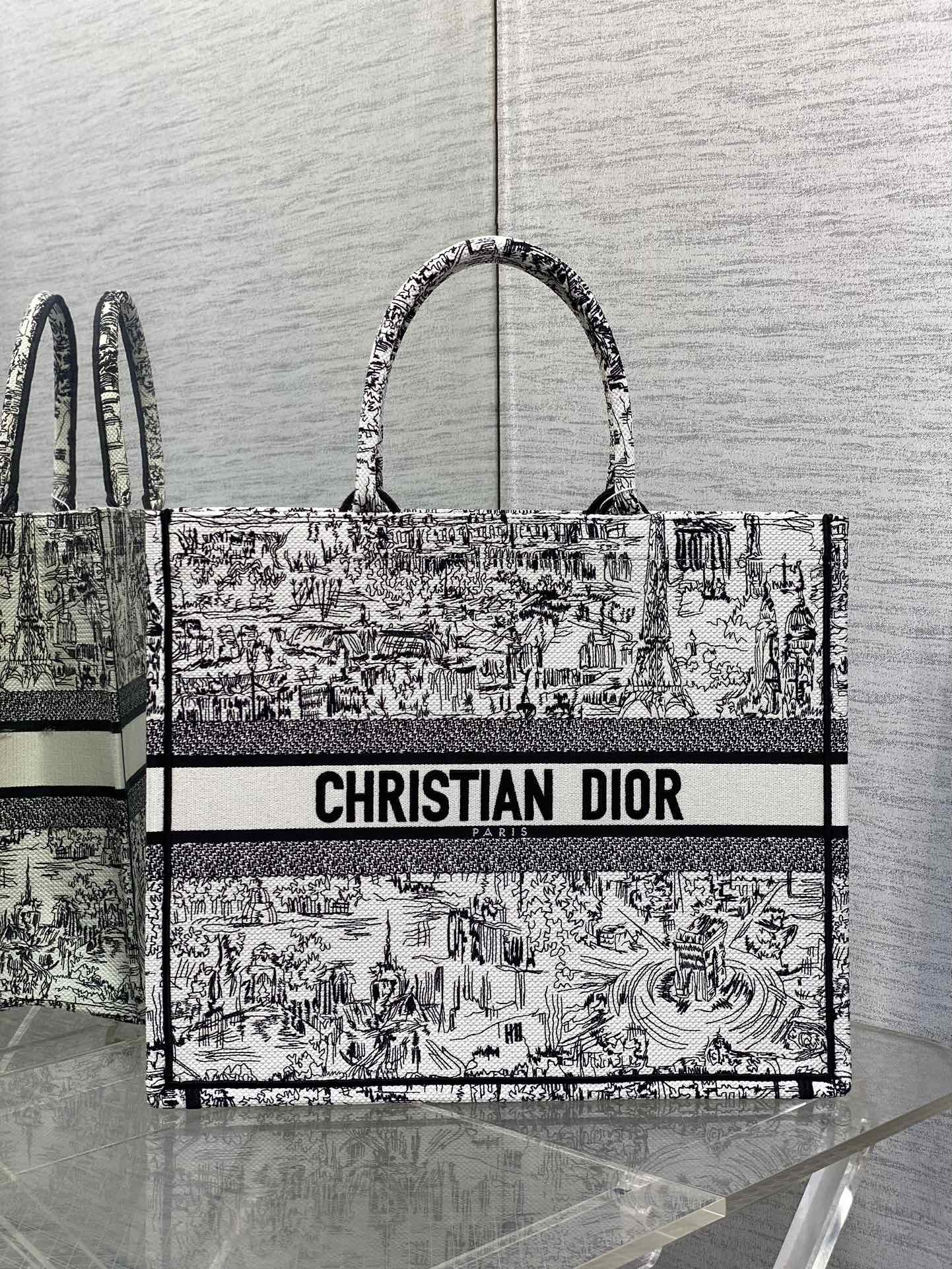 Dior Chic Monochrome Paris Landmark Print Canvas Tote Handbag