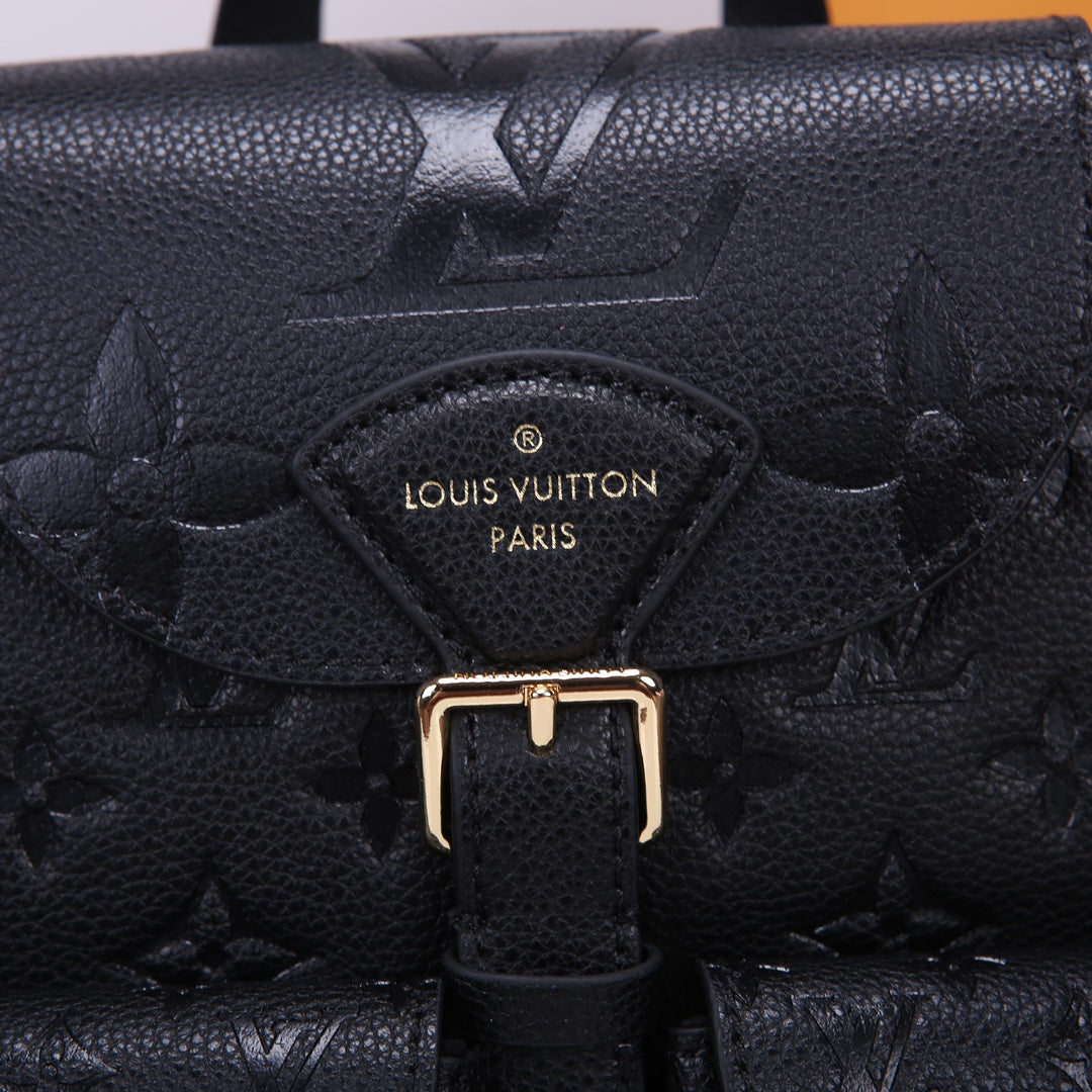 Louis Vuitton Luxury Black Embossed Leather Backpack with Gold Buckles
