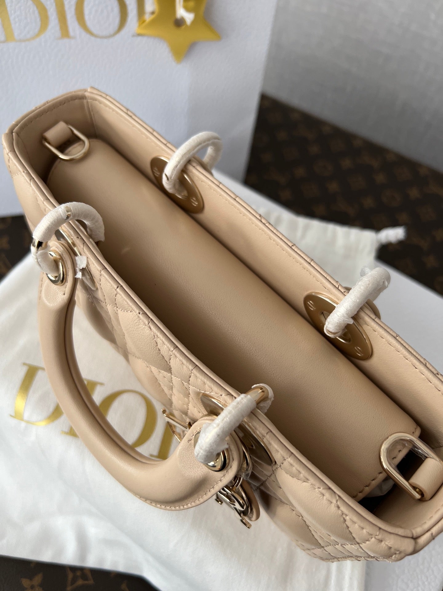 Dior Beige Quilted Leather Rectangular Top Handle Handbag with Strap