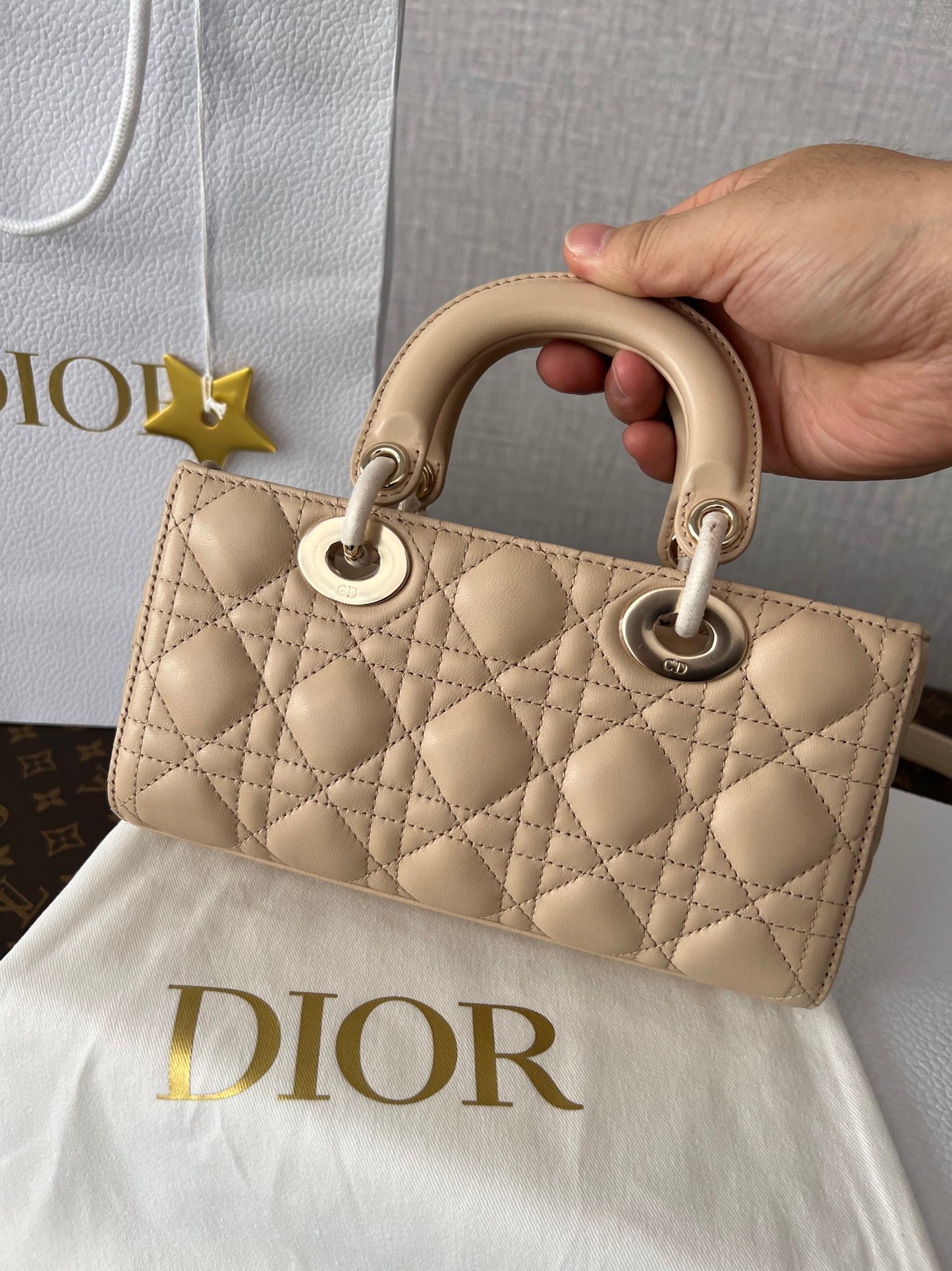 Dior Beige Quilted Leather Rectangular Top Handle Handbag with Strap