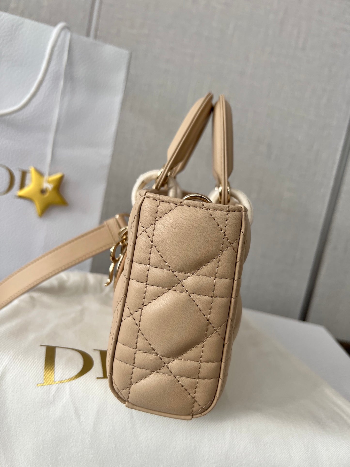 Dior Beige Quilted Leather Rectangular Top Handle Handbag with Strap