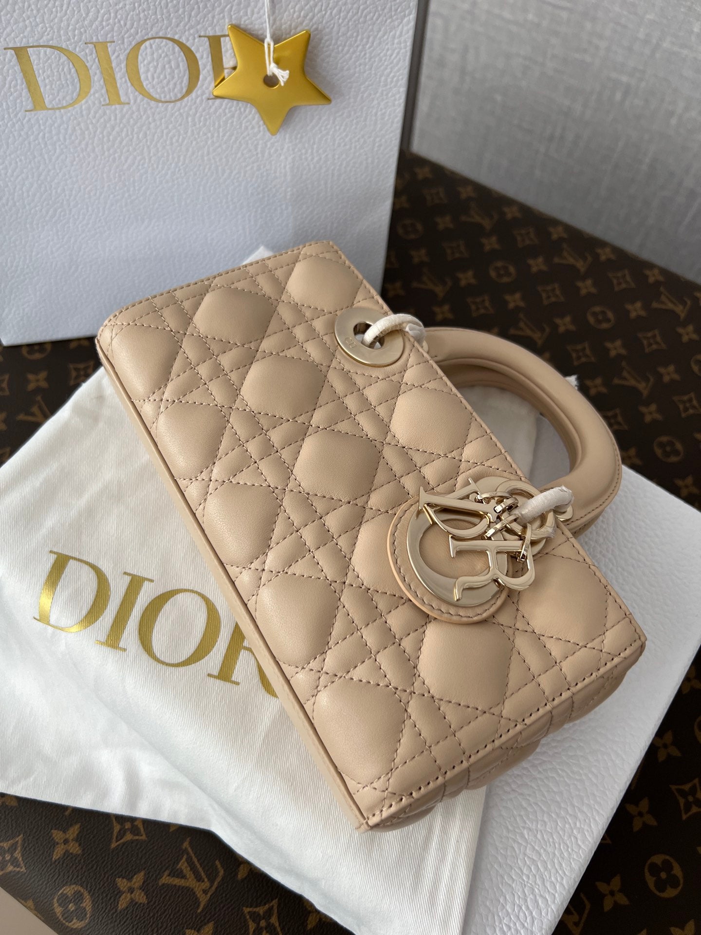 Dior Beige Quilted Leather Rectangular Top Handle Handbag with Strap