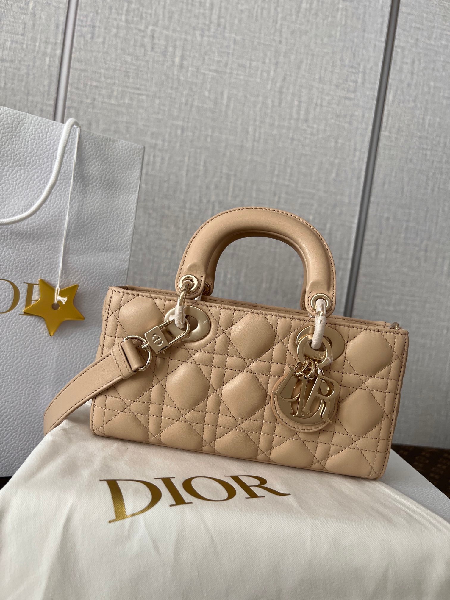 Dior Beige Quilted Leather Rectangular Top Handle Handbag with Strap