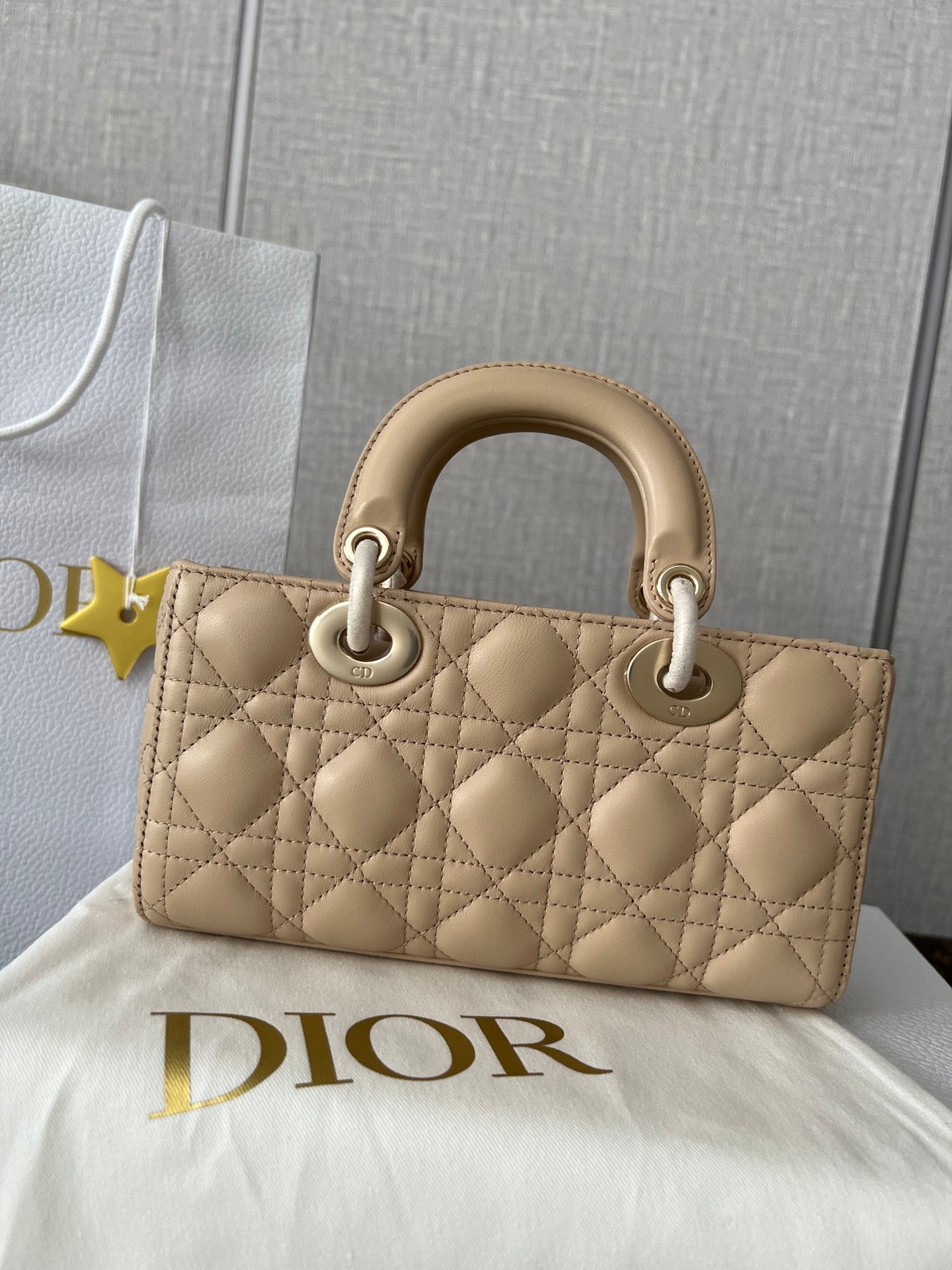 Dior Beige Quilted Leather Rectangular Top Handle Handbag with Strap