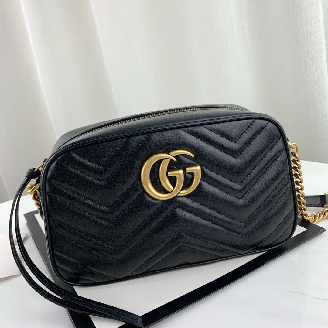 Gucci Black Quilted Chevron Leather Crossbody Camera Bag with Gold Chain