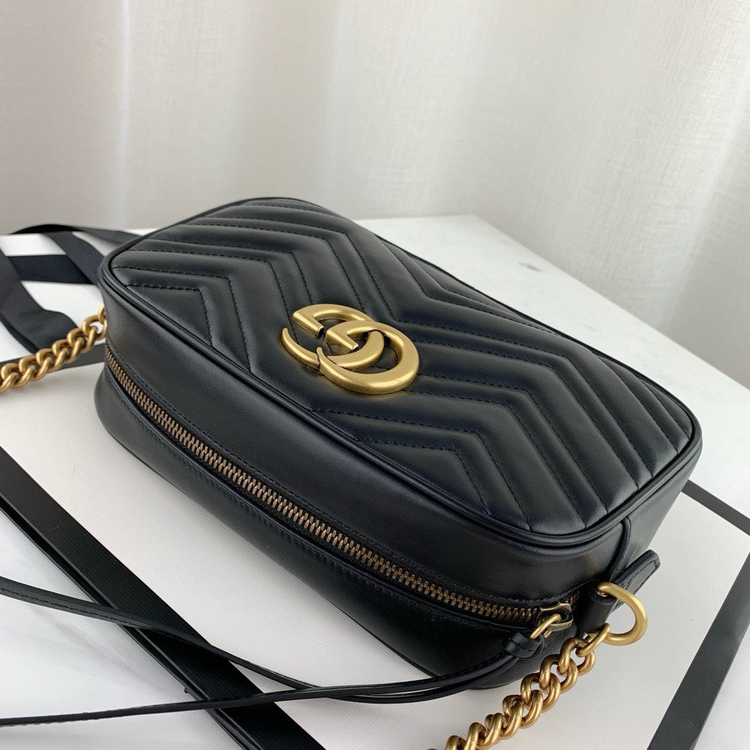 Gucci Black Quilted Chevron Leather Crossbody Camera Bag with Gold Chain