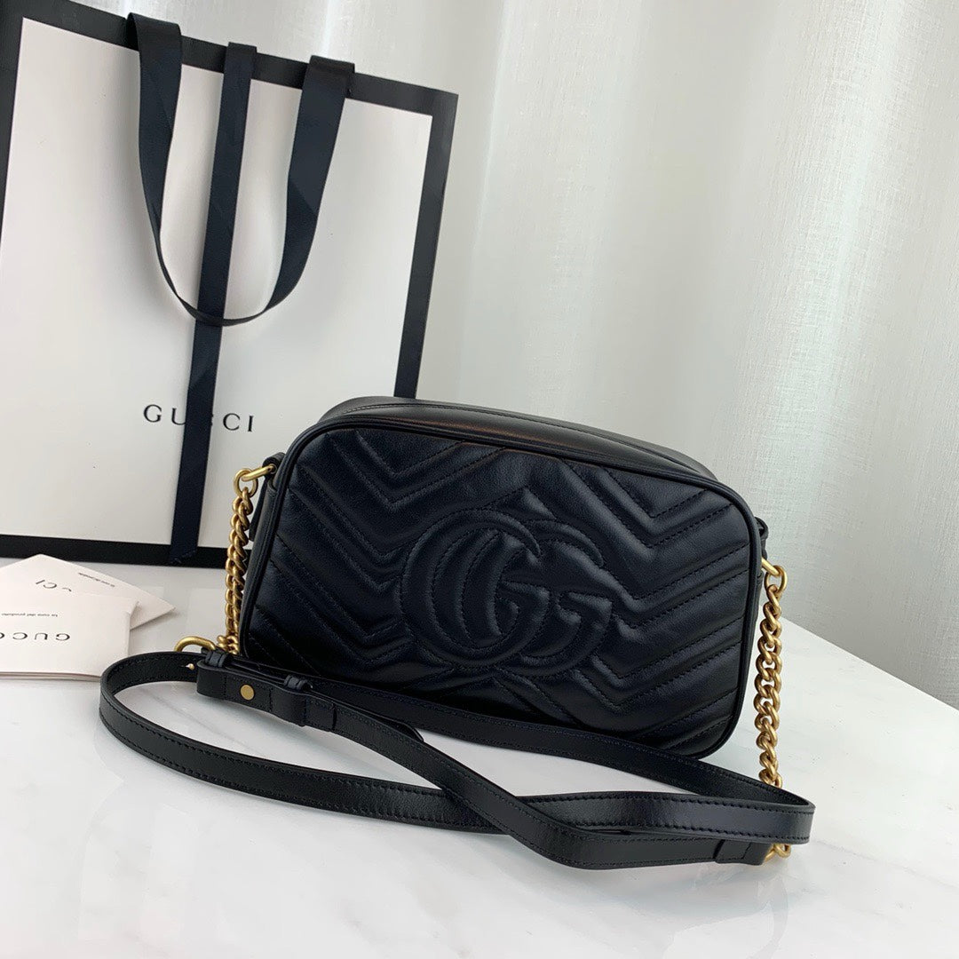 Gucci Black Quilted Chevron Leather Crossbody Camera Bag with Gold Chain