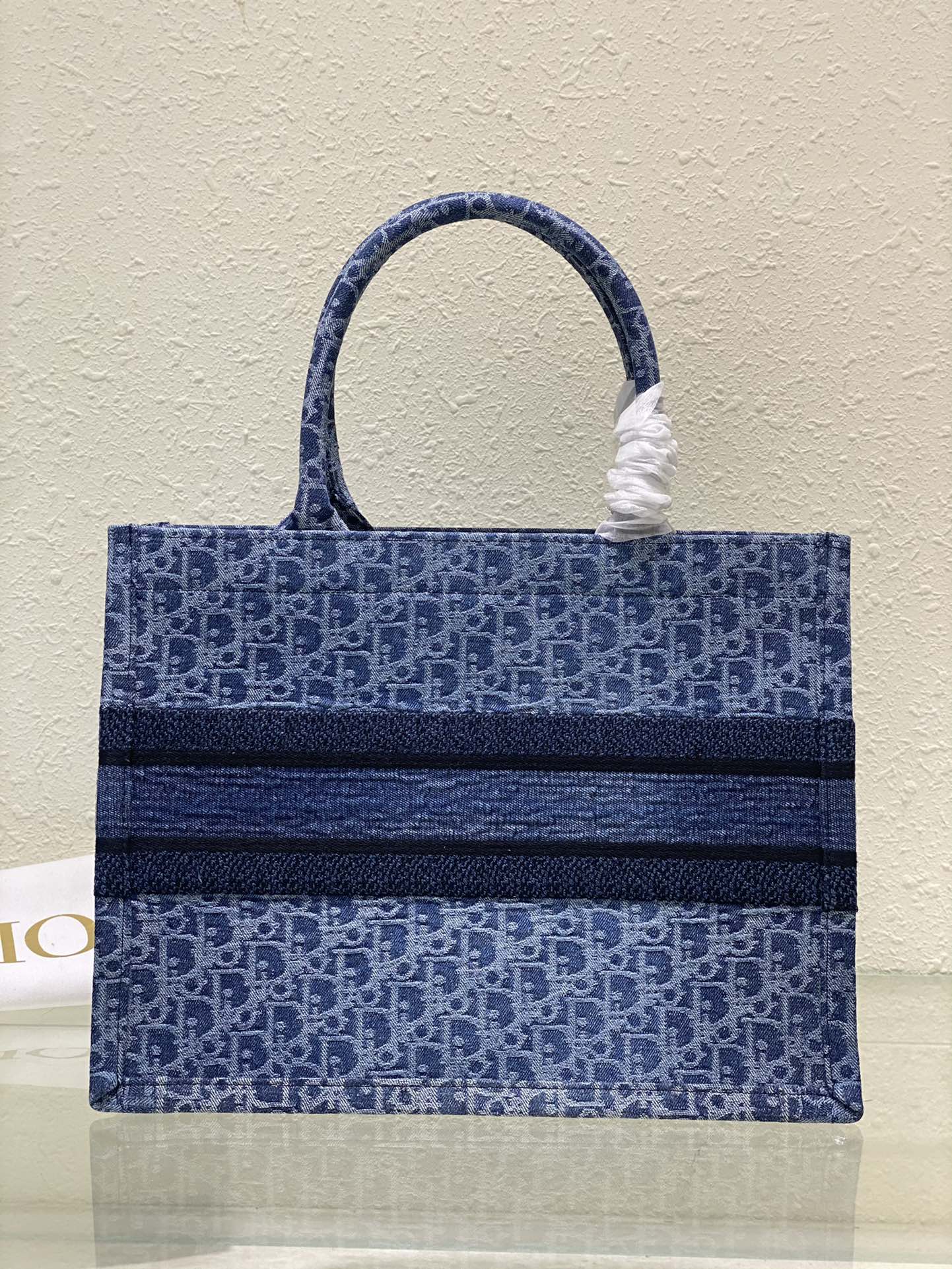 Dior Blue Monogram Embroidered Canvas Tote Bag with Top Handles