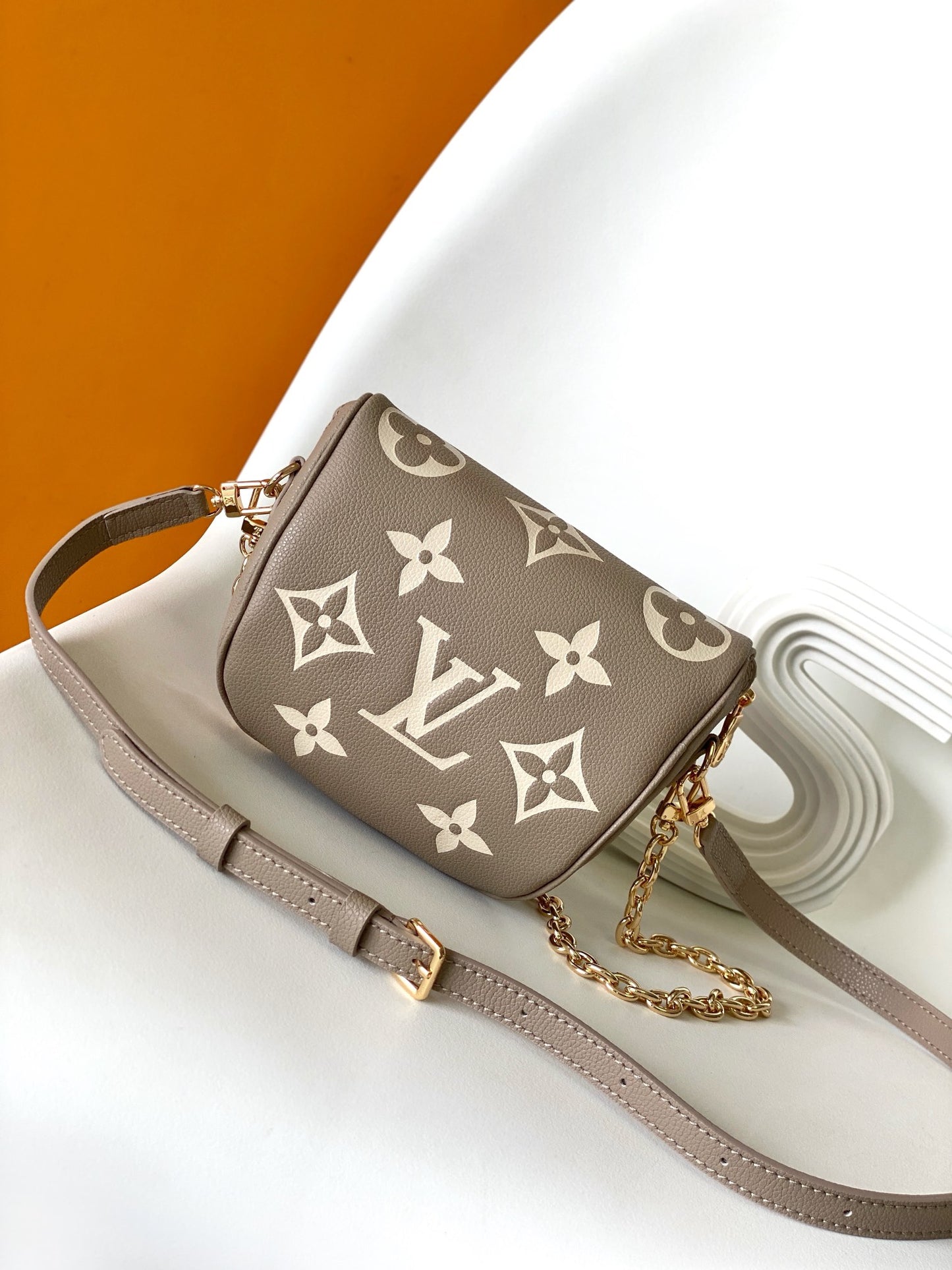 Louis Vuitton Taupe Embossed Leather Crossbody Bag with Gold Chain Strap