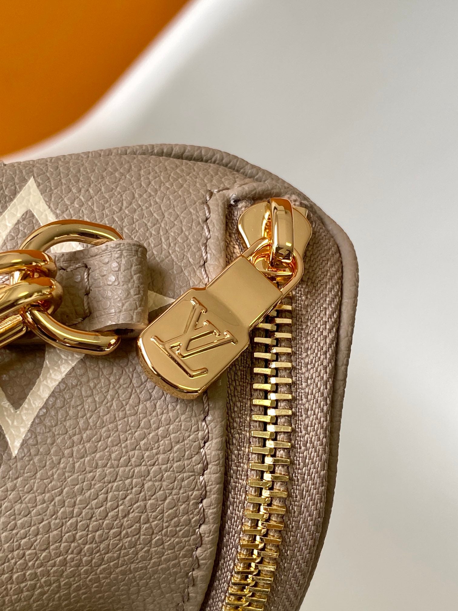 Louis Vuitton Taupe Embossed Leather Crossbody Bag with Gold Chain Strap