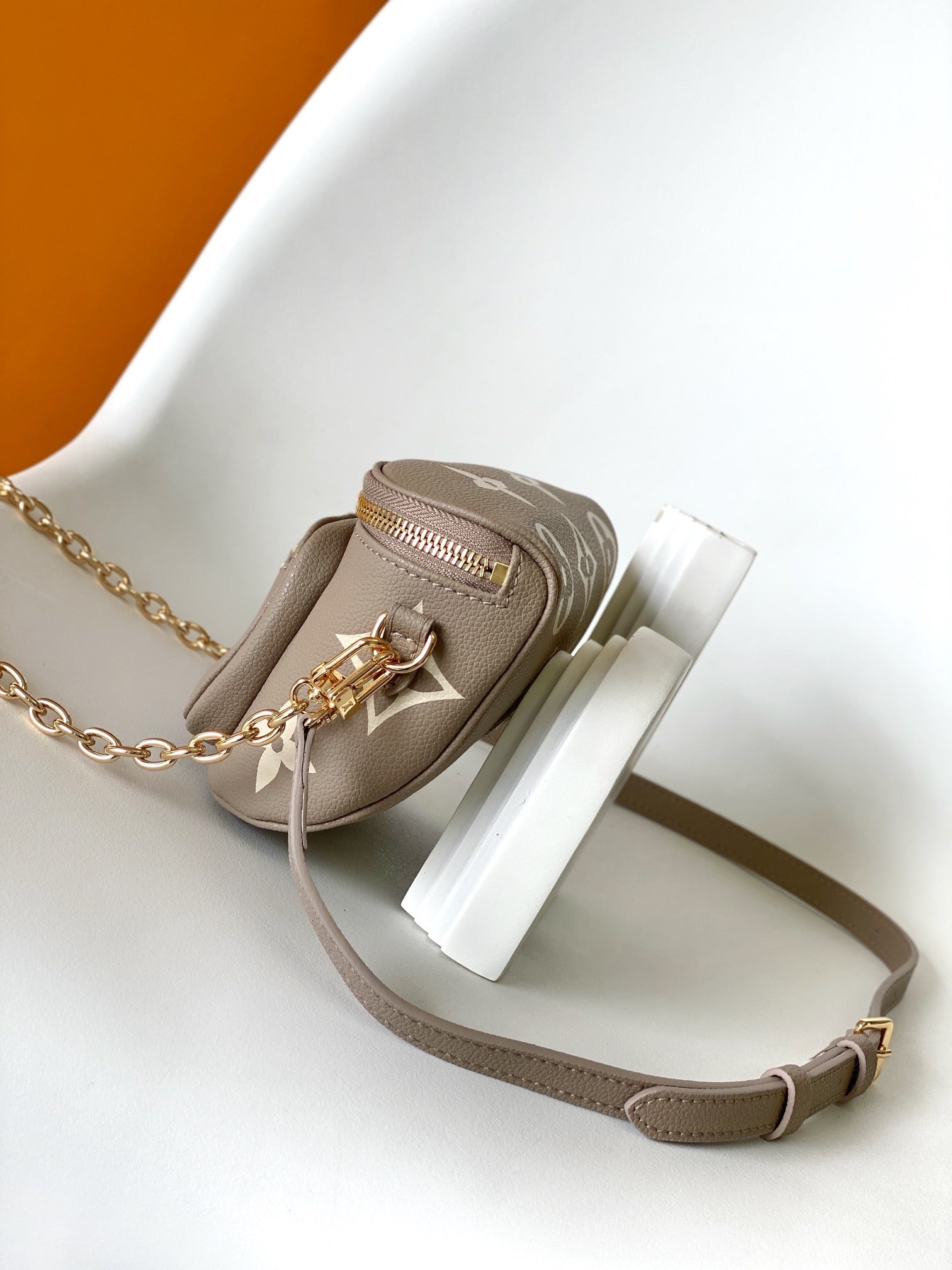Louis Vuitton Taupe Embossed Leather Crossbody Bag with Gold Chain Strap