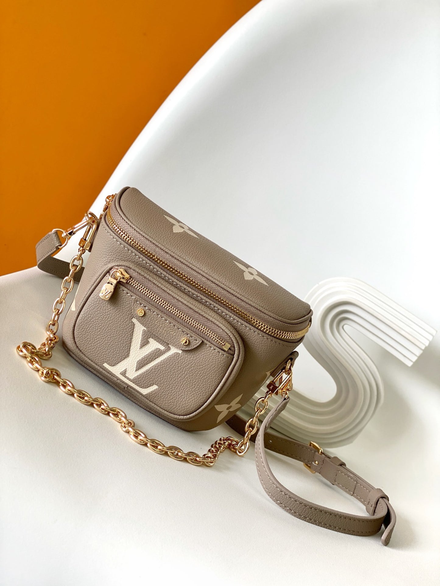 Louis Vuitton Taupe Embossed Leather Crossbody Bag with Gold Chain Strap