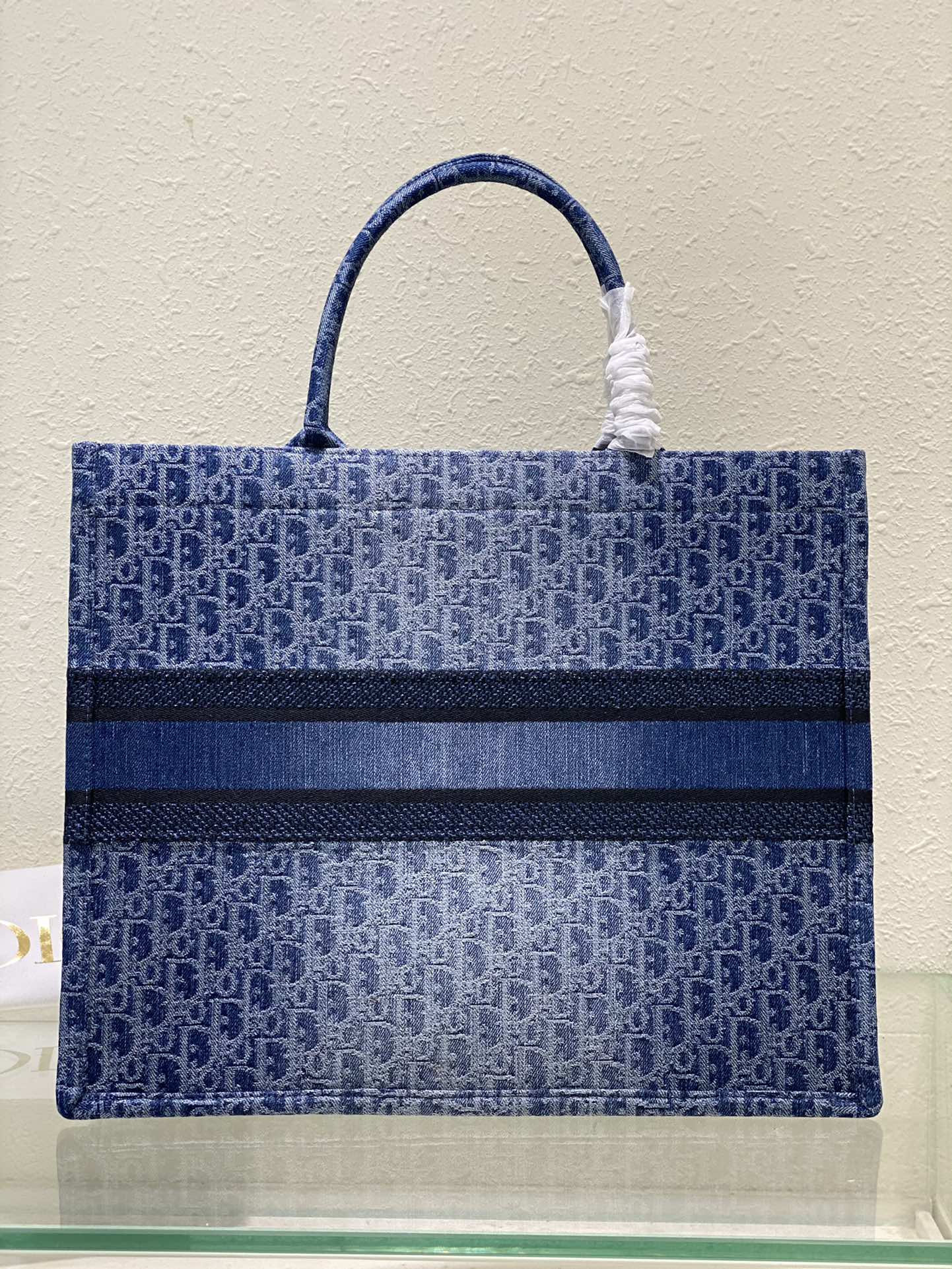 Dior Blue Monogram Canvas Tote Bag Embroidered Stripe Top Handle Handbag