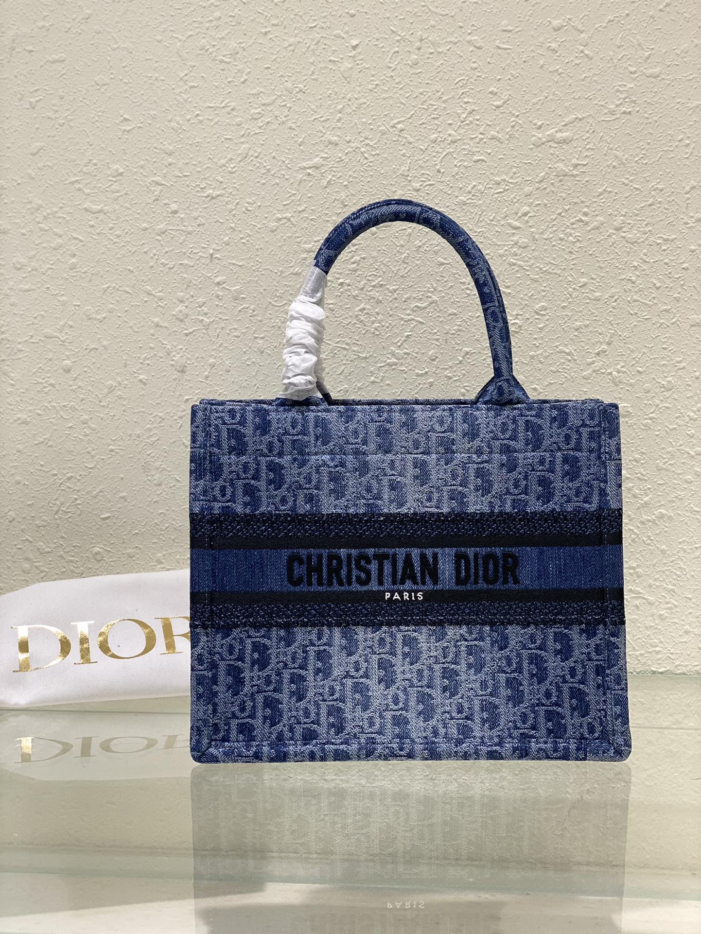 Dior Blue Monogram Embroidered Canvas Top Handle Tote Handbag