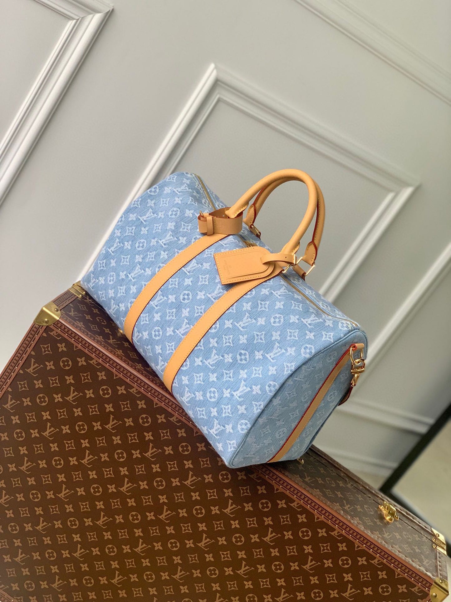 Louis Vuitton Blue Denim Monogram Print Duffle Handbag with Leather Trim