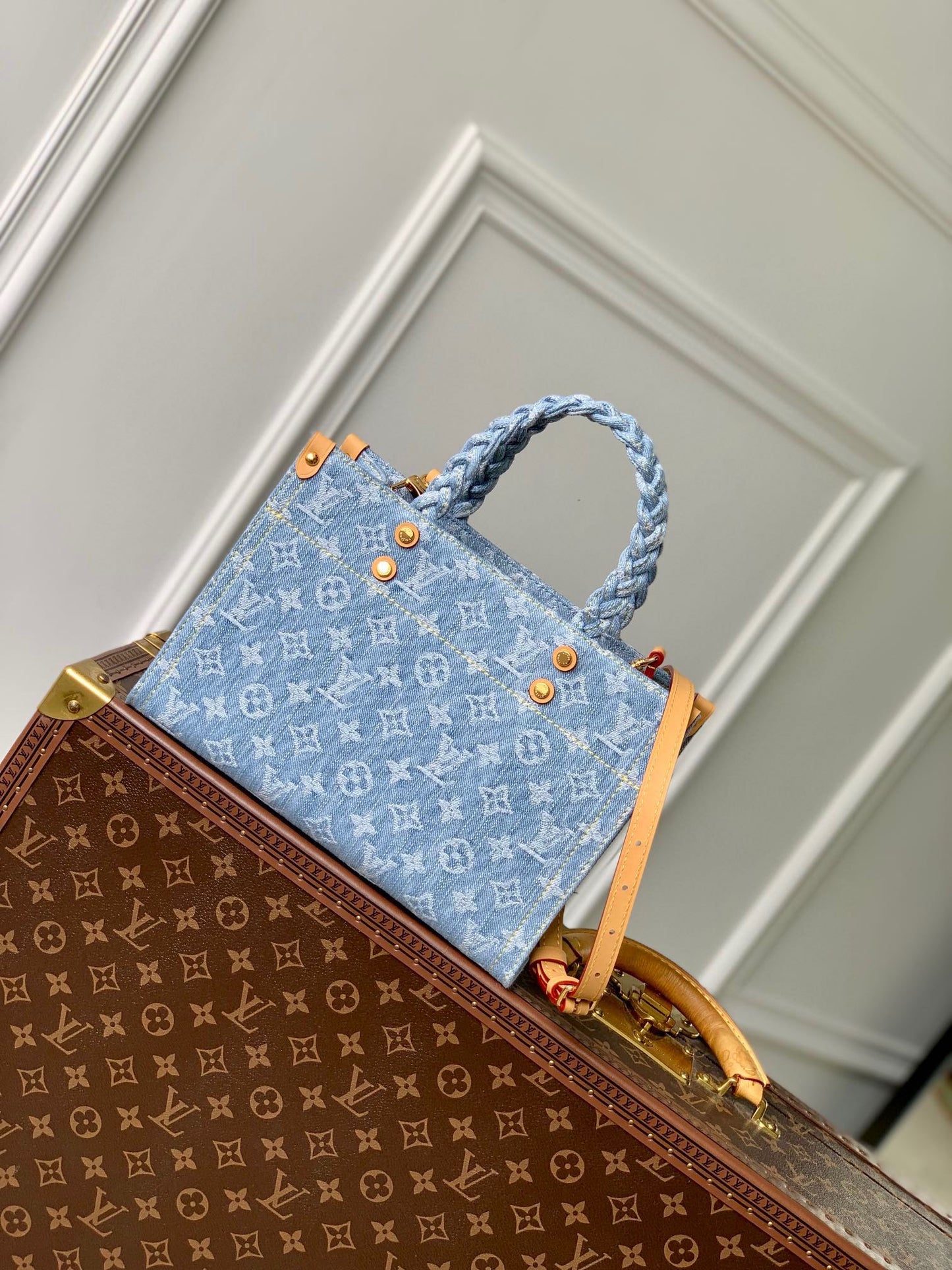 Louis Vuitton Chic Light Blue Denim Monogram Handbag with Braided Handle