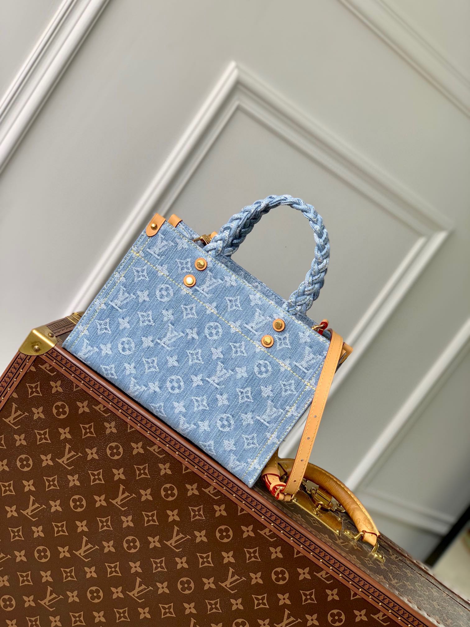 Louis Vuitton Chic Light Blue Denim Monogram Handbag with Braided Handle