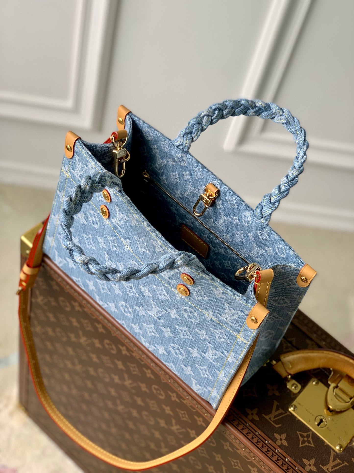 Louis Vuitton Chic Light Blue Denim Monogram Handbag with Braided Handle