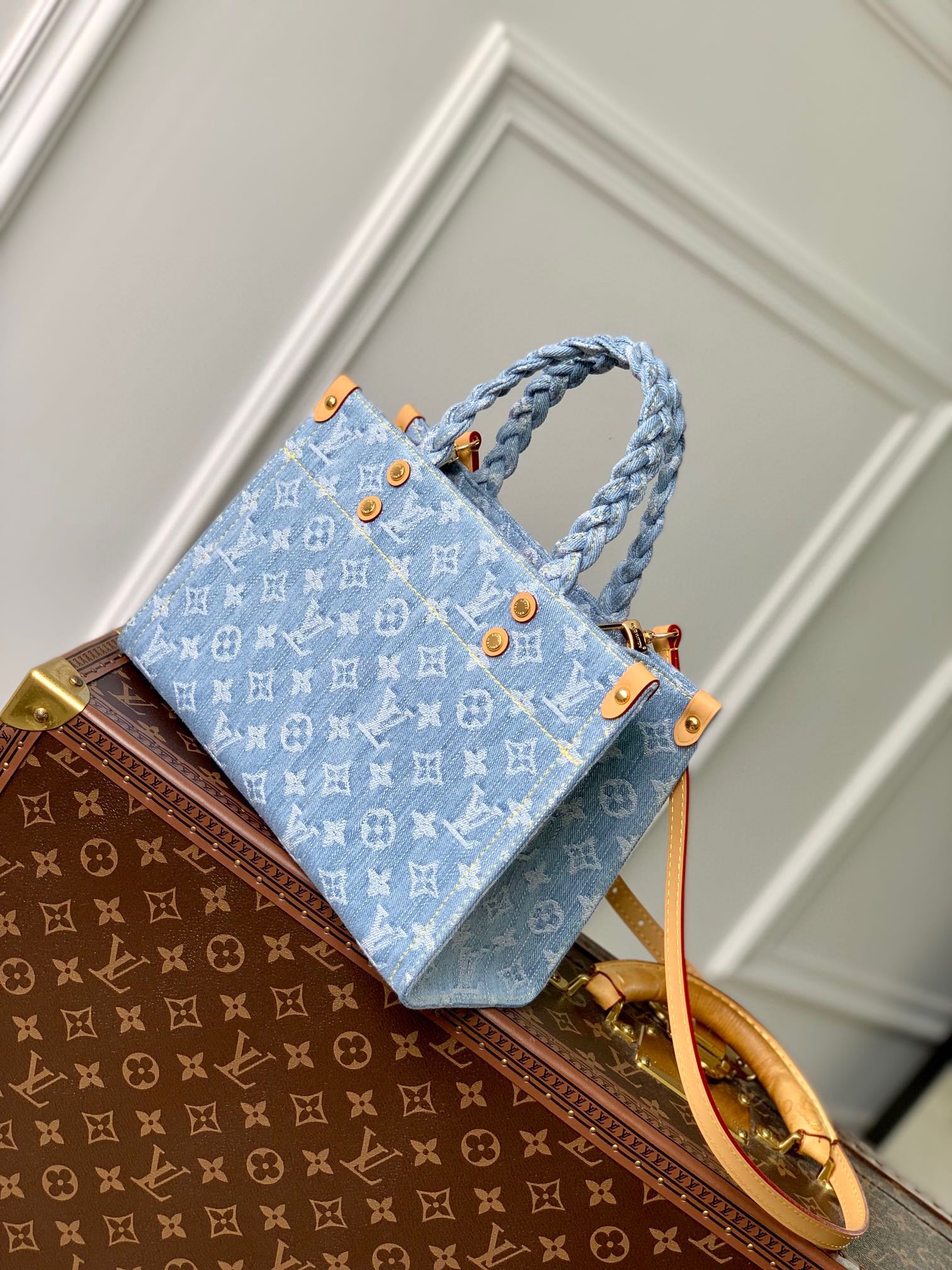Louis Vuitton Chic Light Blue Denim Monogram Handbag with Braided Handle