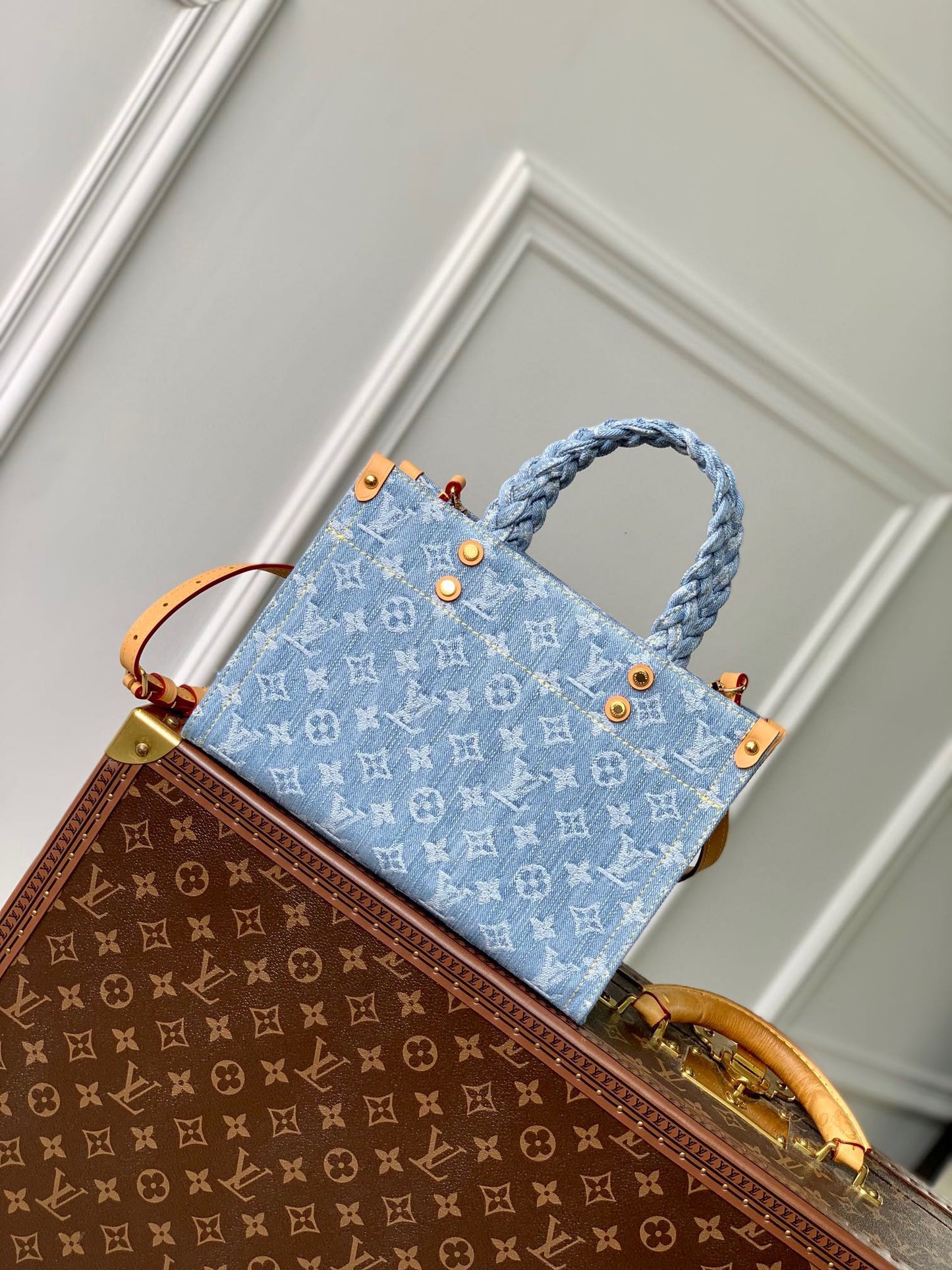 Louis Vuitton Chic Light Blue Denim Monogram Handbag with Braided Handle