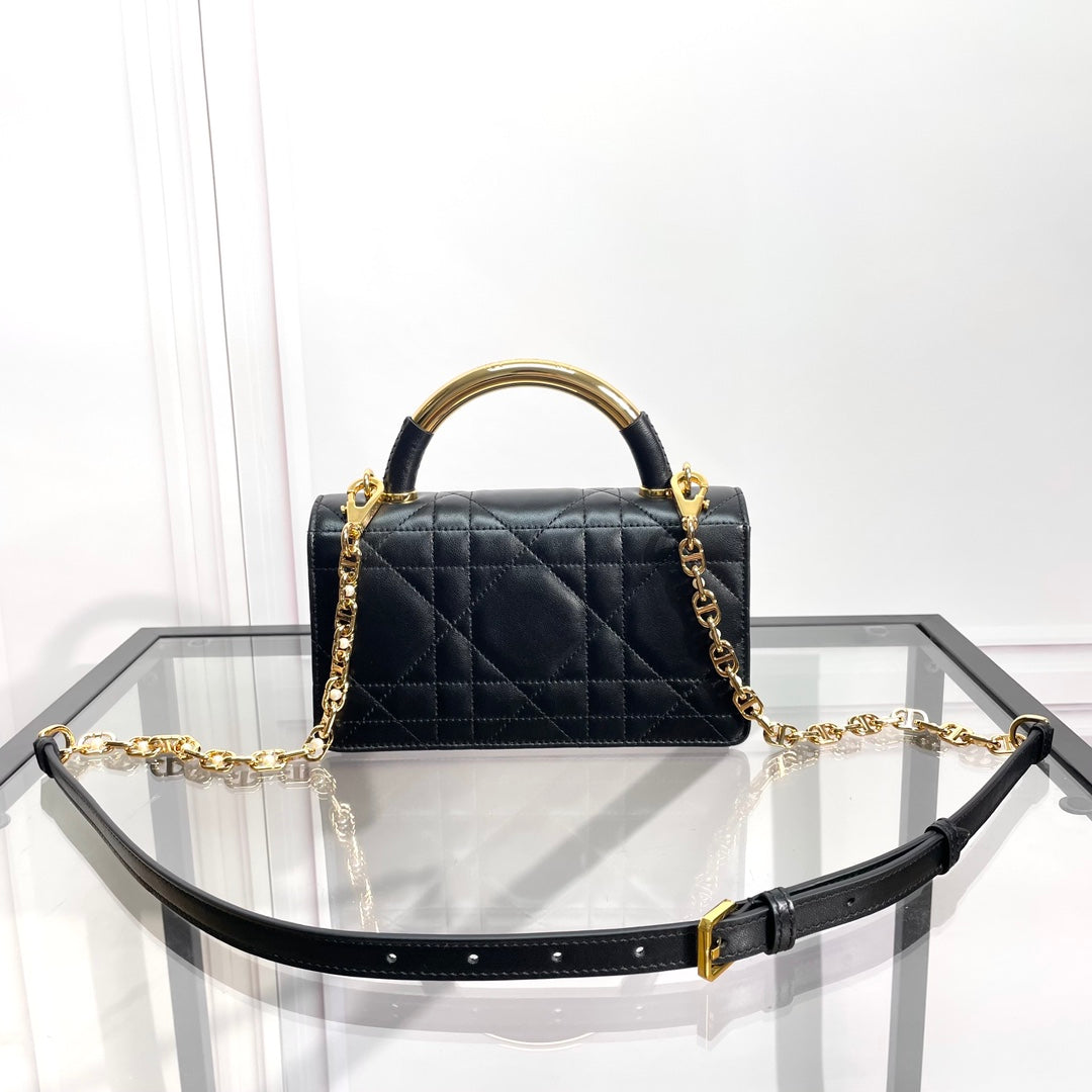 Dior Classic Black Quilted Leather Handbag with Gold Clasp and Top Handle