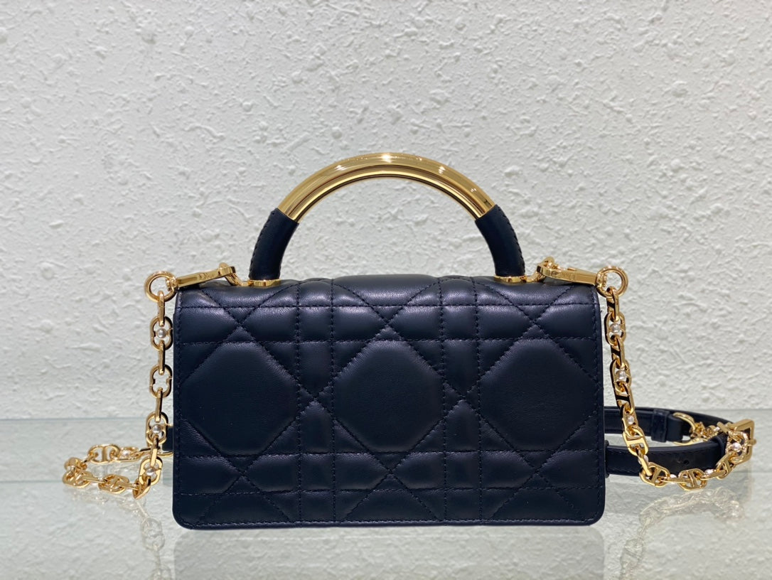 Dior Luxury Navy Blue Quilted Leather Handbag with Gold Chain Strap