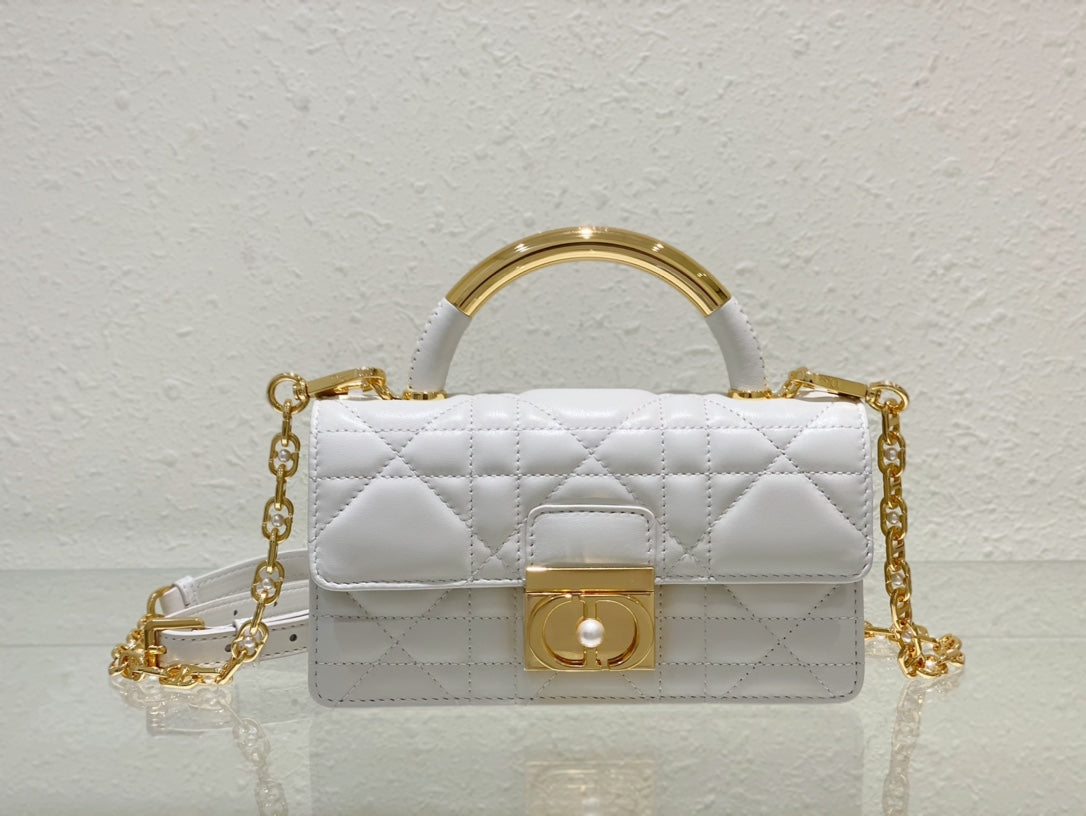 Dior Classic White Quilted Leather Top Handle Bag with Gold Chain