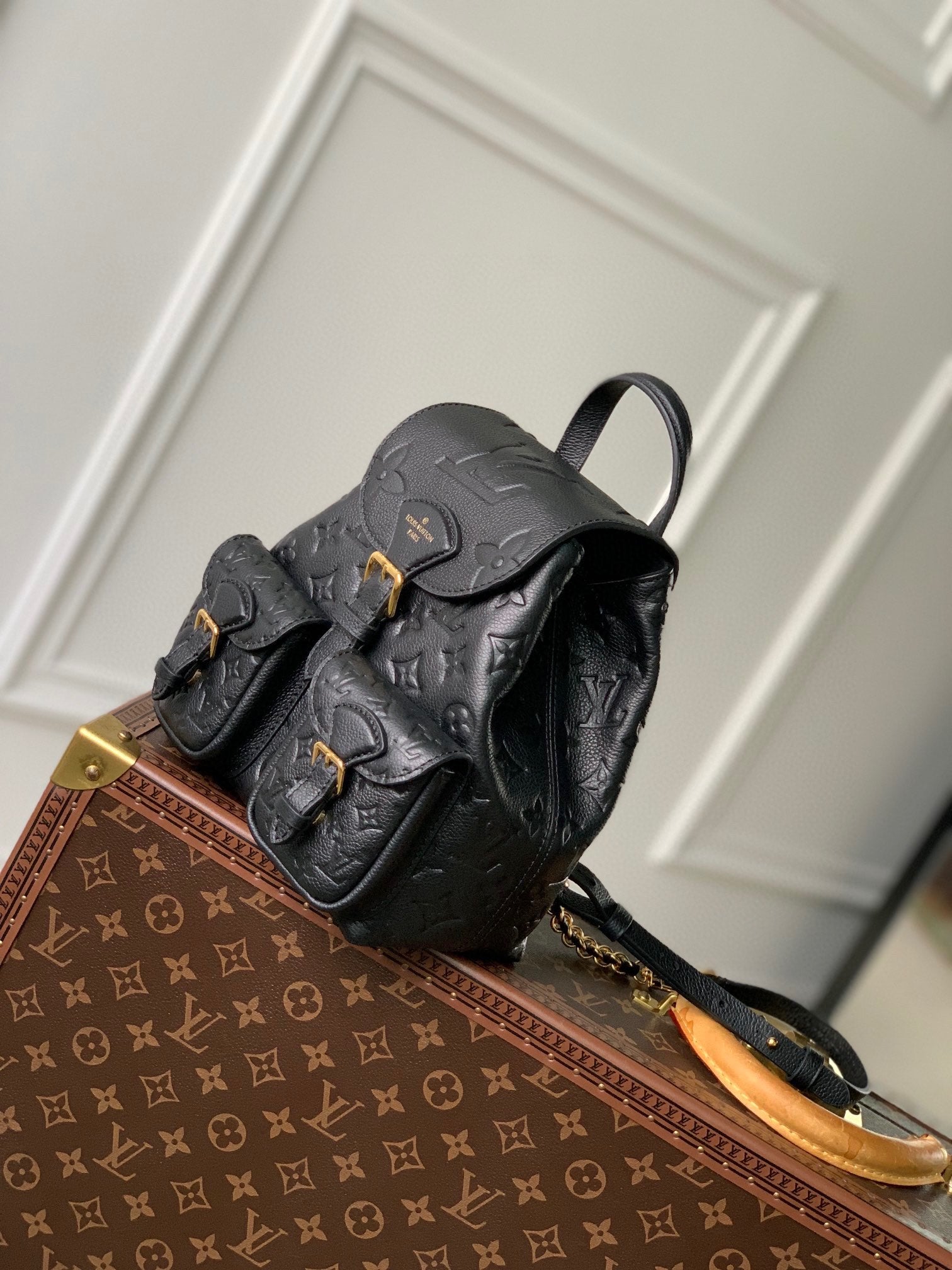 Louis Vuitton Black Embossed Leather Mini Backpack with Buckle Details
